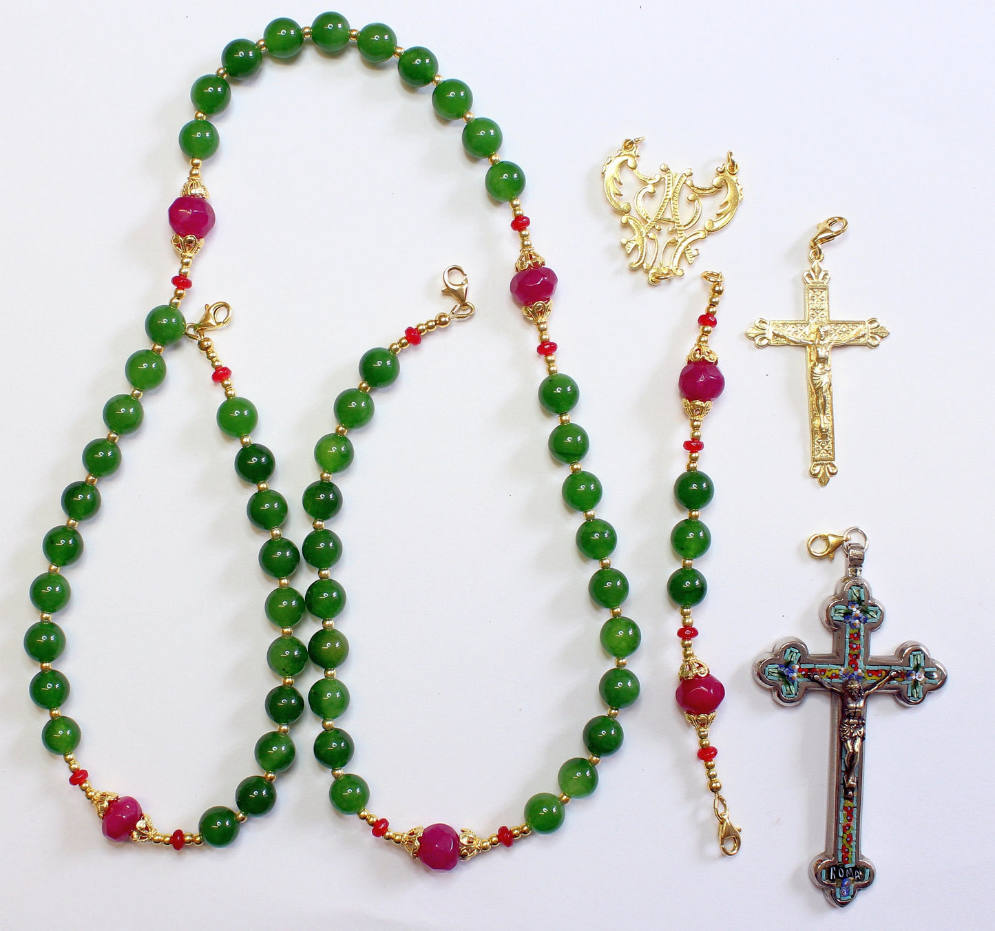Catholic Rosary Emerald, Vermeil & Micro Mosaic, Wearable, 9 Uses, 2 crosses – RARE - UNIQUE