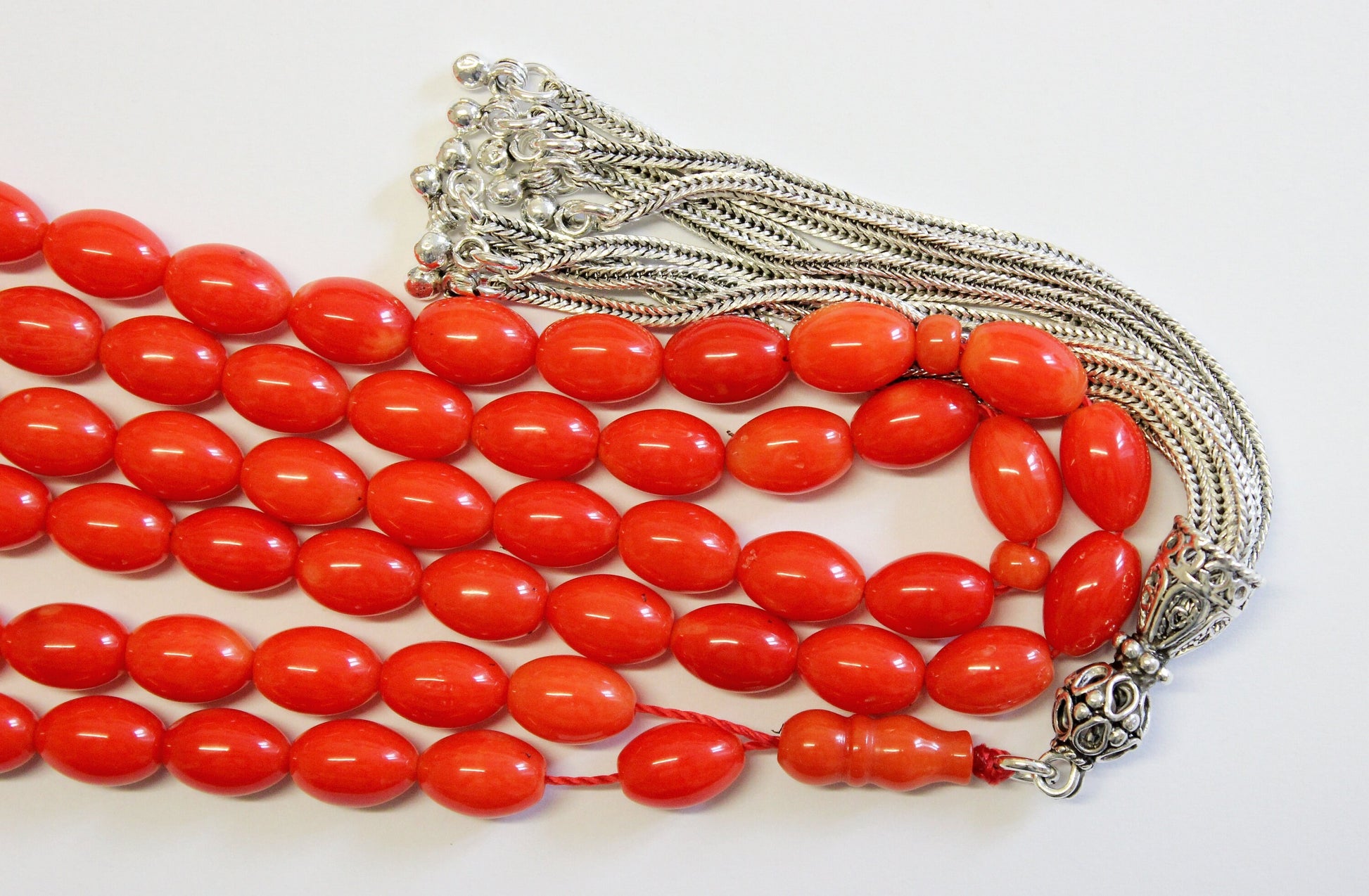 Islamic Prayer Beads Gebetskette 99 Dark Orange Coral & Sterling -Rare cut- Collector's