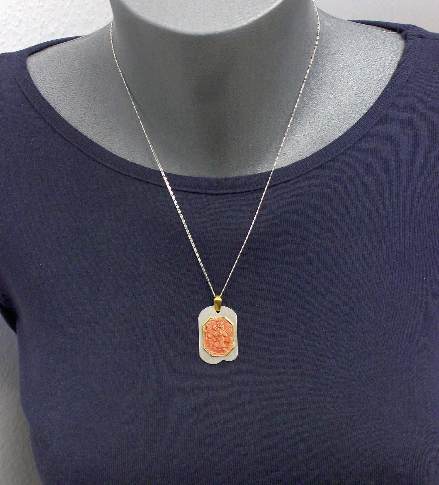 Vintage Catholic Medal St Christopher Enamel & Vermeil on Sterling Silver