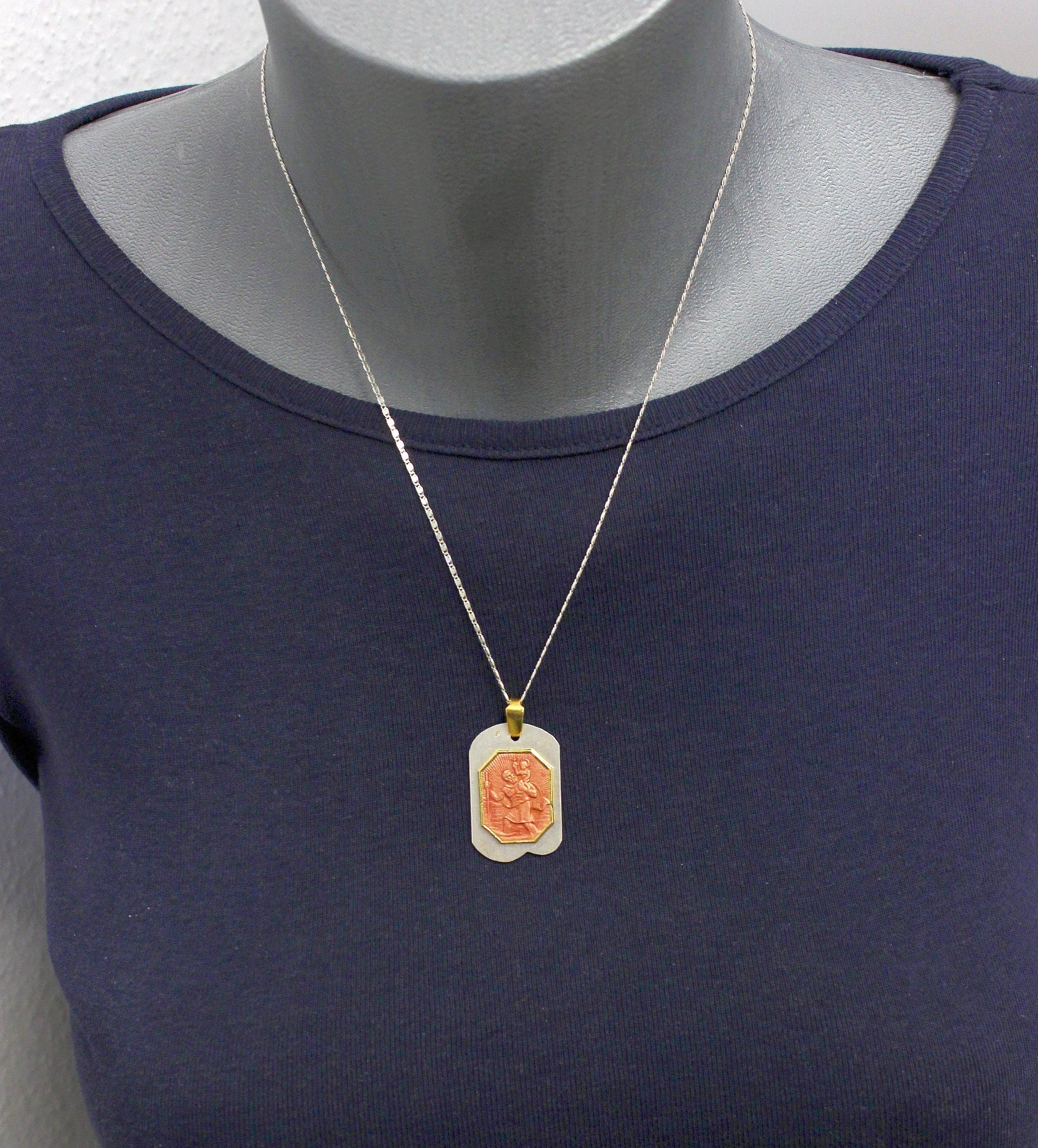 Vintage Catholic Medal St Christopher Enamel & Vermeil on Sterling Silver