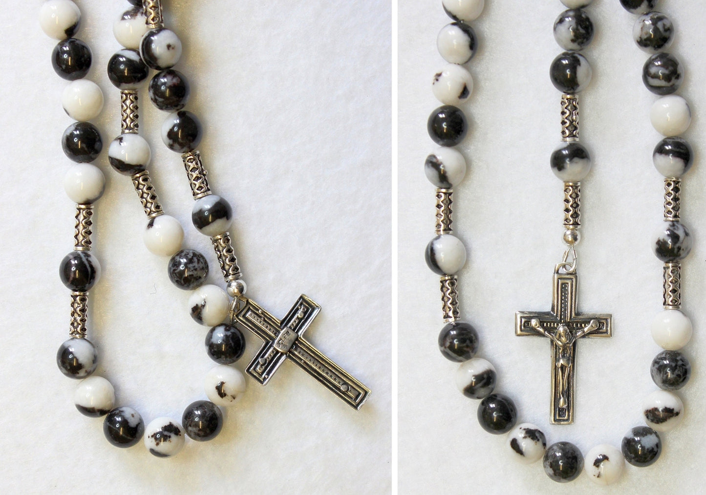 Catholic Rosary Prayer Beads Zebra Jade and Heavy Sterling Silver