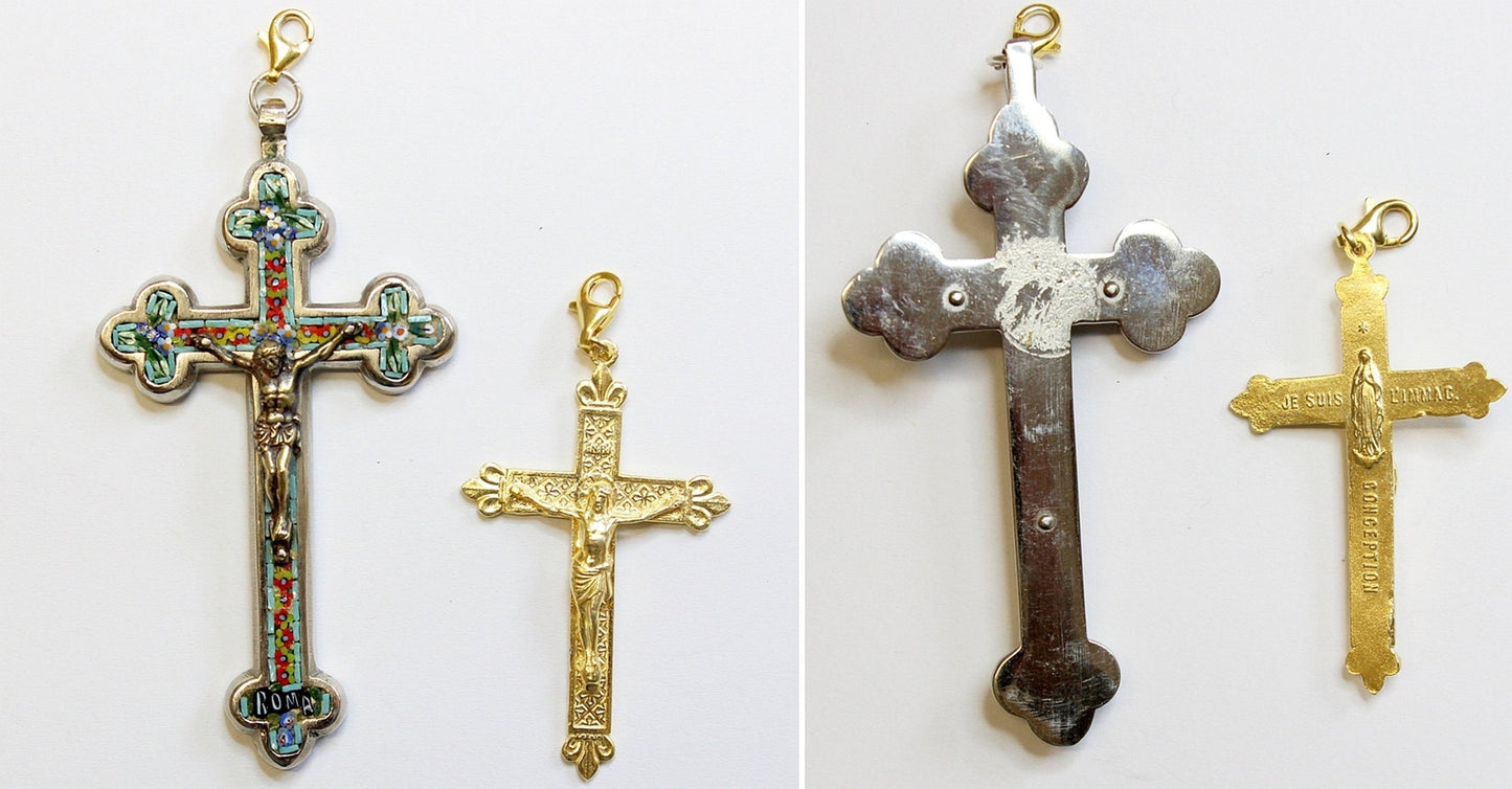 Catholic Rosary Emerald, Vermeil & Micro Mosaic, Wearable, 9 Uses, 2 crosses – RARE - UNIQUE
