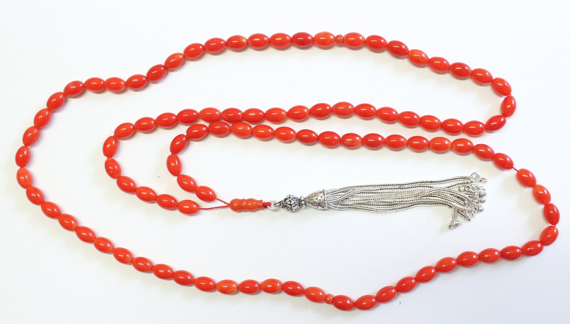 Islamic Prayer Beads Gebetskette 99 Dark Orange Coral & Sterling -Rare cut- Collector's