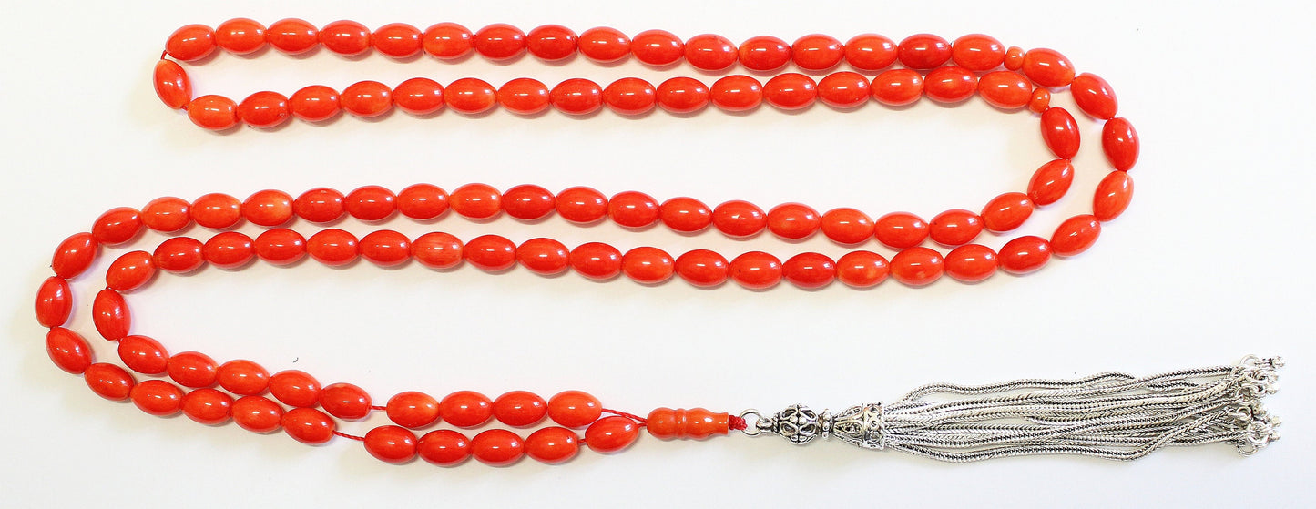 Islamic Prayer Beads Gebetskette 99 Dark Orange Coral & Sterling -Rare cut- Collector's