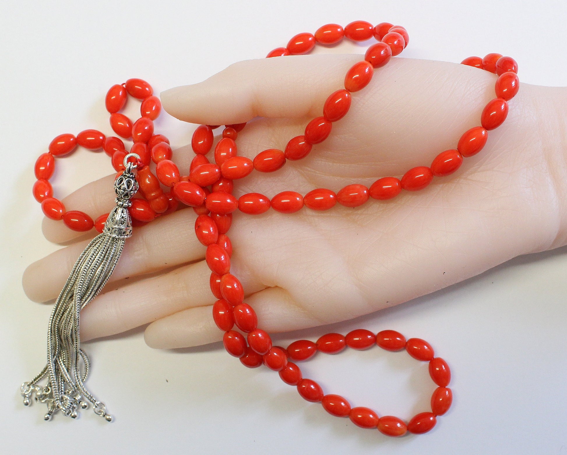 Islamic Prayer Beads Gebetskette 99 Dark Orange Coral & Sterling -Rare cut- Collector's