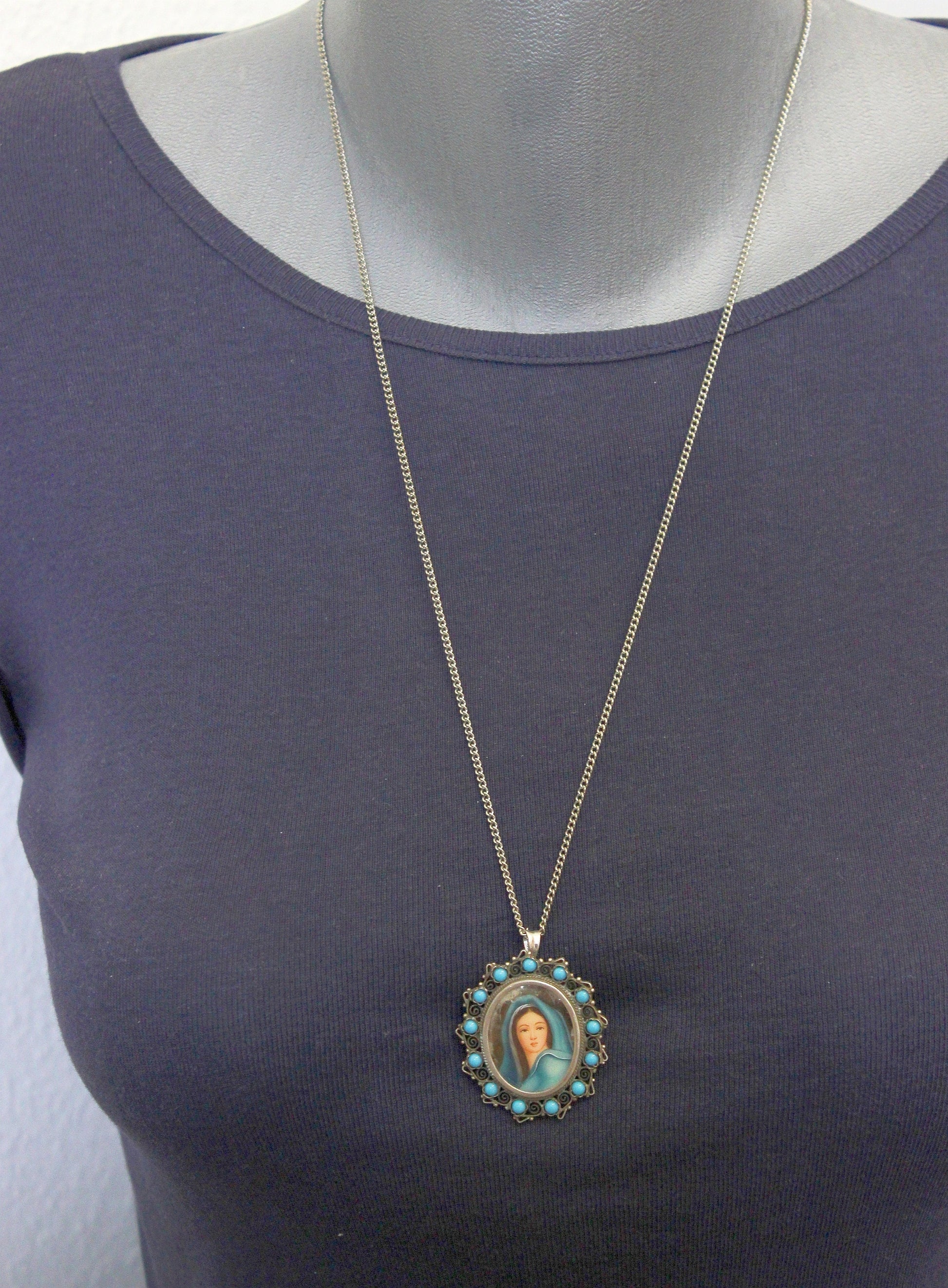 1910's Miniature of Madonna Mary in Sterling & Turquoise Frame, Dual Use Brooch and Pendant w Chain
