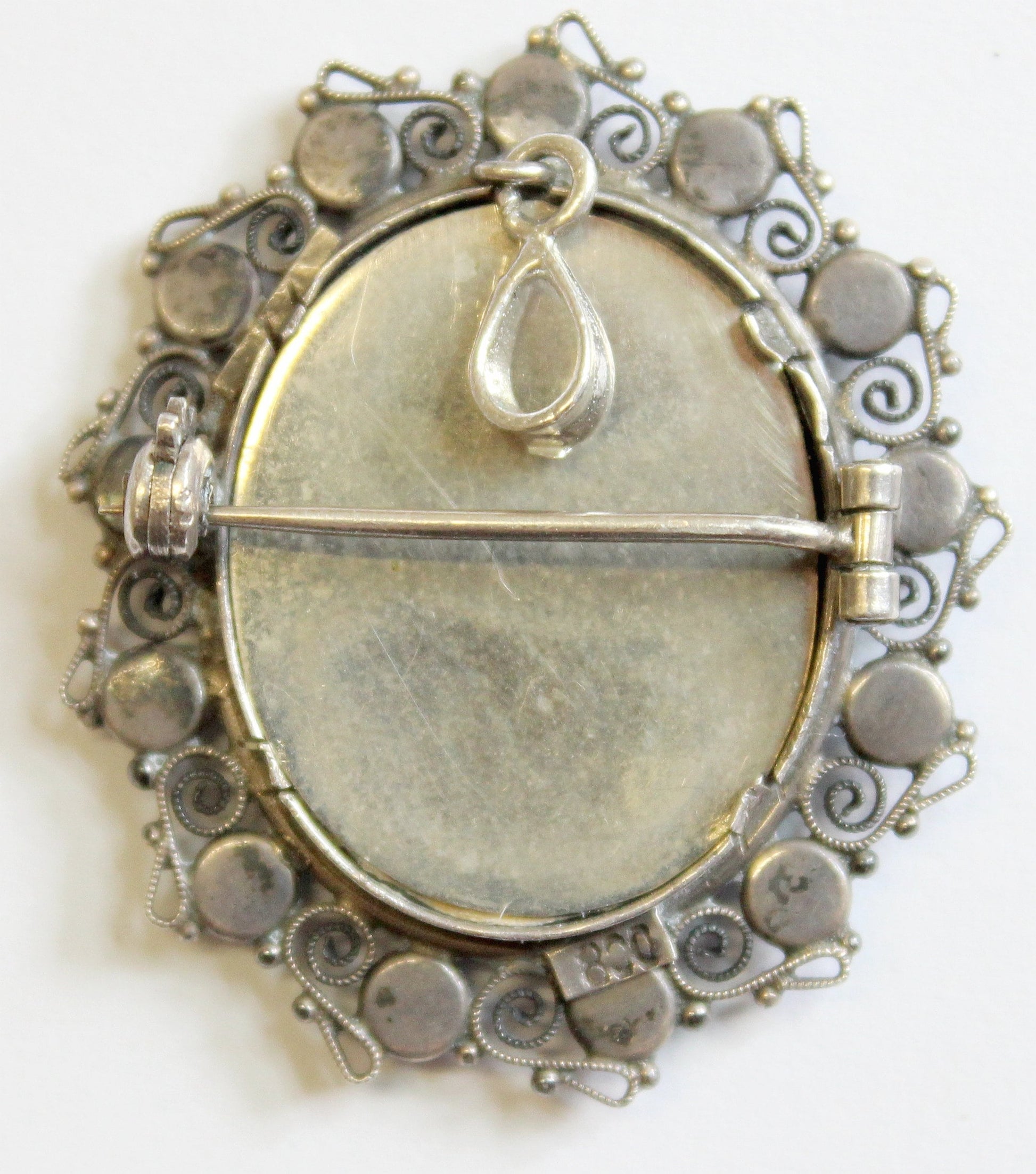 Antique Madonna Miniature Brooch Pendant: Sterling Silver Turquoise Frame