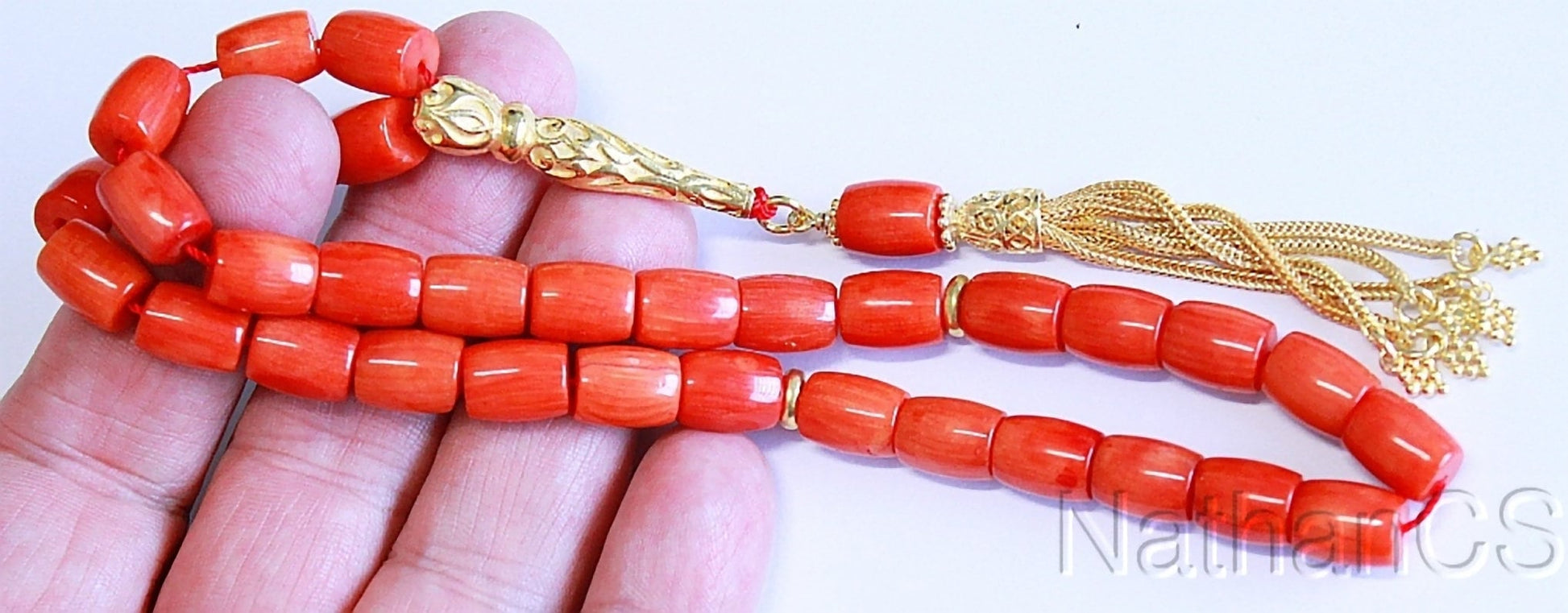 Luxury Prayer Beads Tesbih Rosary Barrel Cut Salmon Orange Coral & Vermeil - Collector