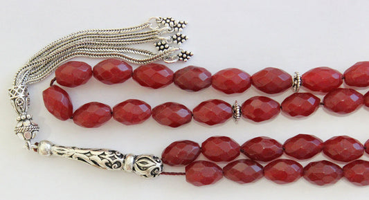 Luxury Prayer Worry Beads Tesbih Thai Oval Faceted Ruby & Sterling Silver - Collector's