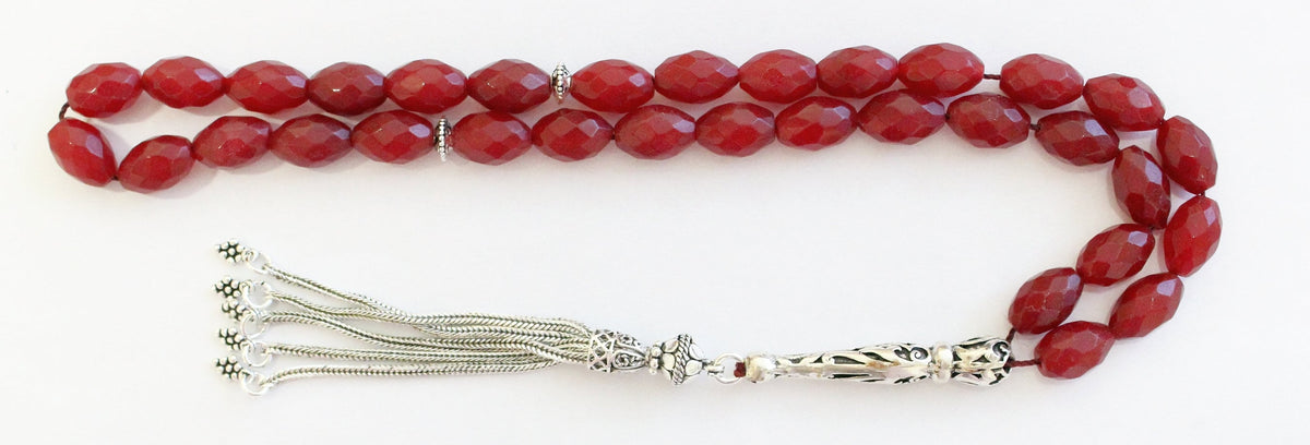 Luxury Prayer Worry Beads Tesbih Thai Oval Faceted Ruby & Sterling Silver - Collector's