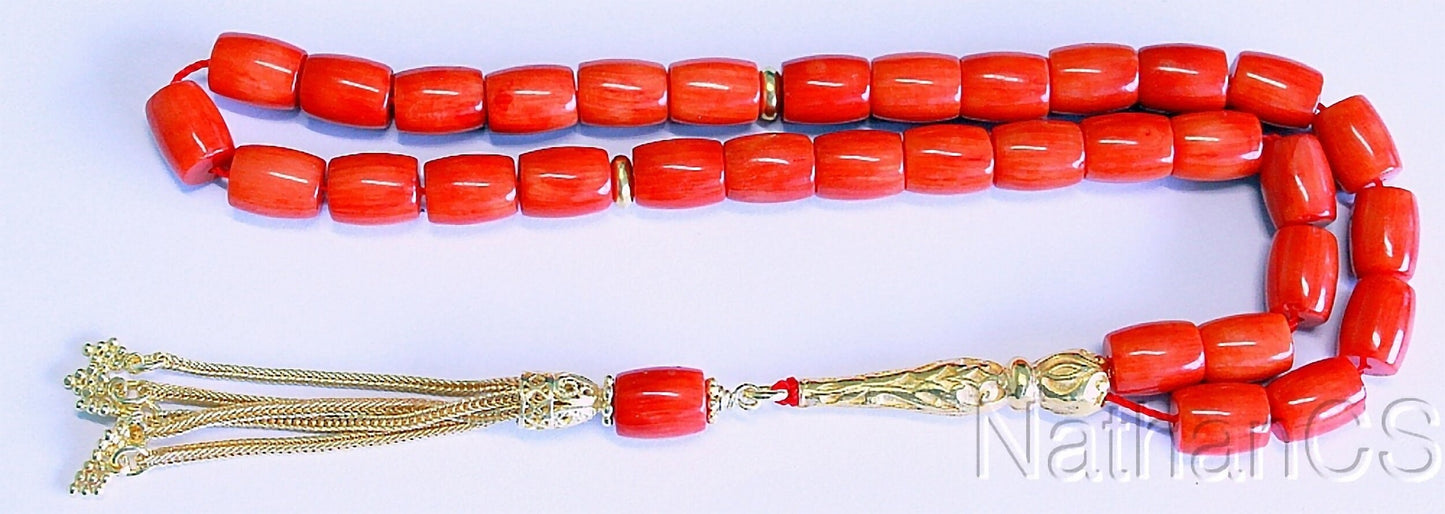 Luxury Prayer Beads Tesbih Rosary Barrel Cut Salmon Orange Coral & Vermeil - Collector