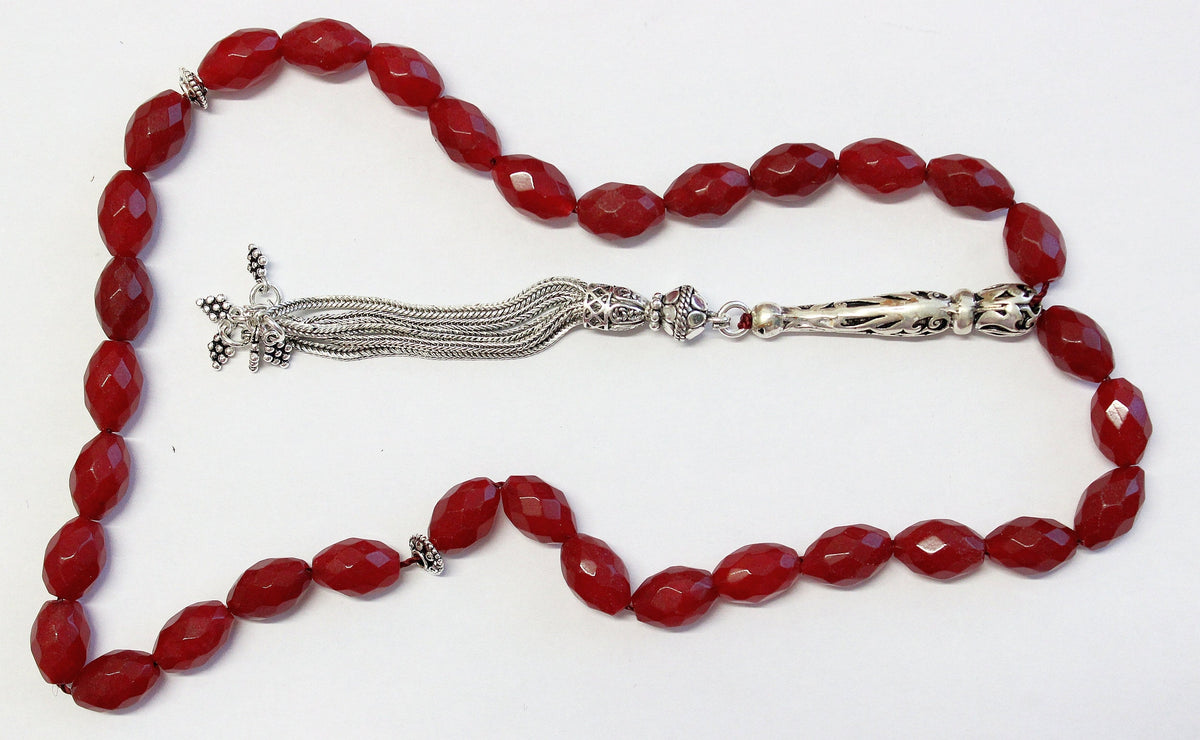 Luxury Prayer Worry Beads Tesbih Thai Oval Faceted Ruby & Sterling Silver - Collector's