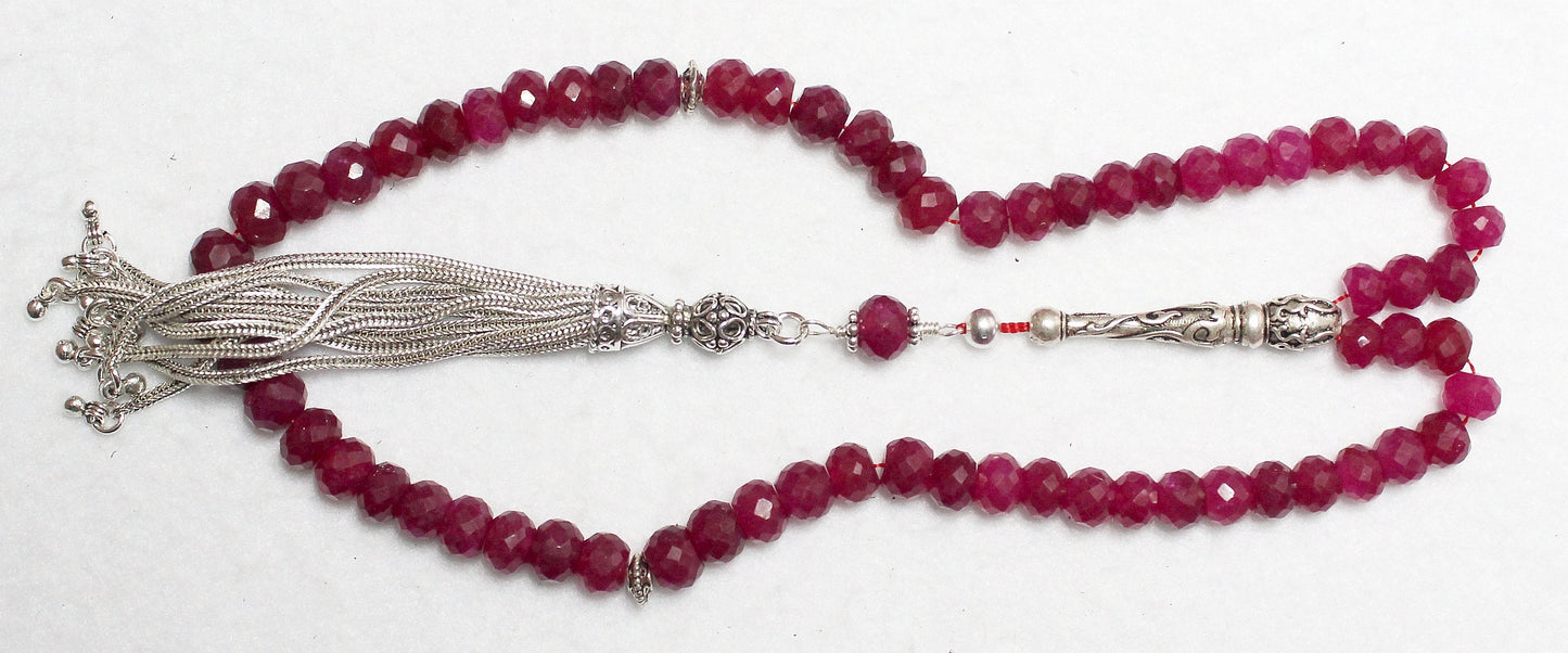 Tesbih Worry Beads 66 Faceted Genuine Ruby Beads & Sterling Silver - Collector's