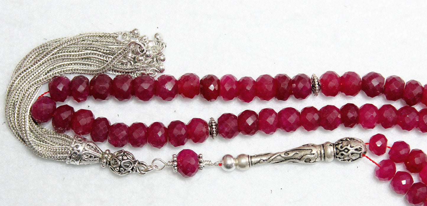 Tesbih Worry Beads 66 Faceted Genuine Ruby Beads & Sterling Silver - Collector's