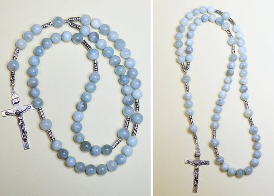 Catholic Rosary Prayer Beads Aquamarine Gemstone and Heavy Sterling Silver