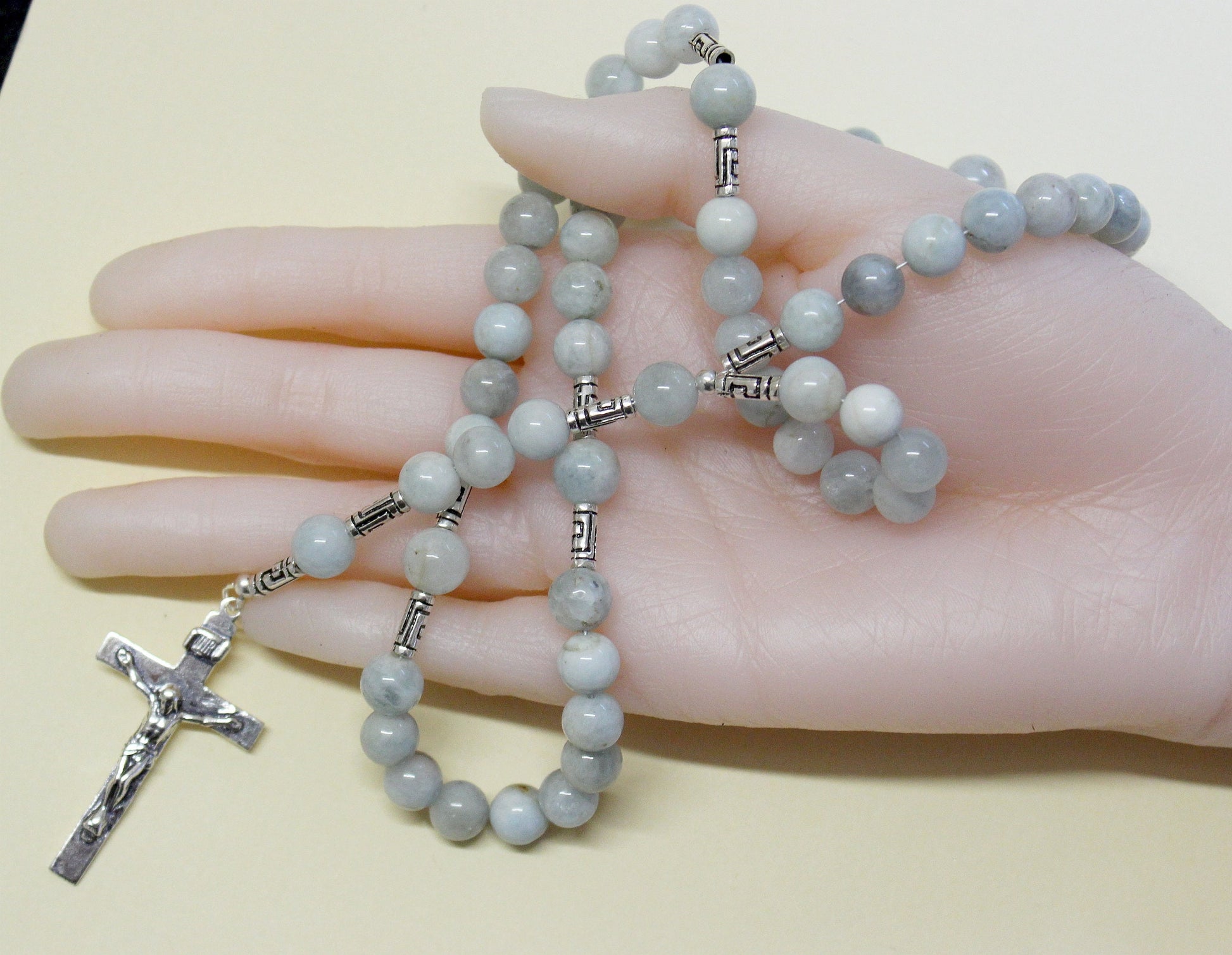 Catholic Rosary Prayer Beads Aquamarine Gemstone and Heavy Sterling Silver