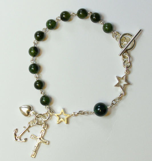 Catholic Rosary Bracelet Green Jade and Sterling Silver