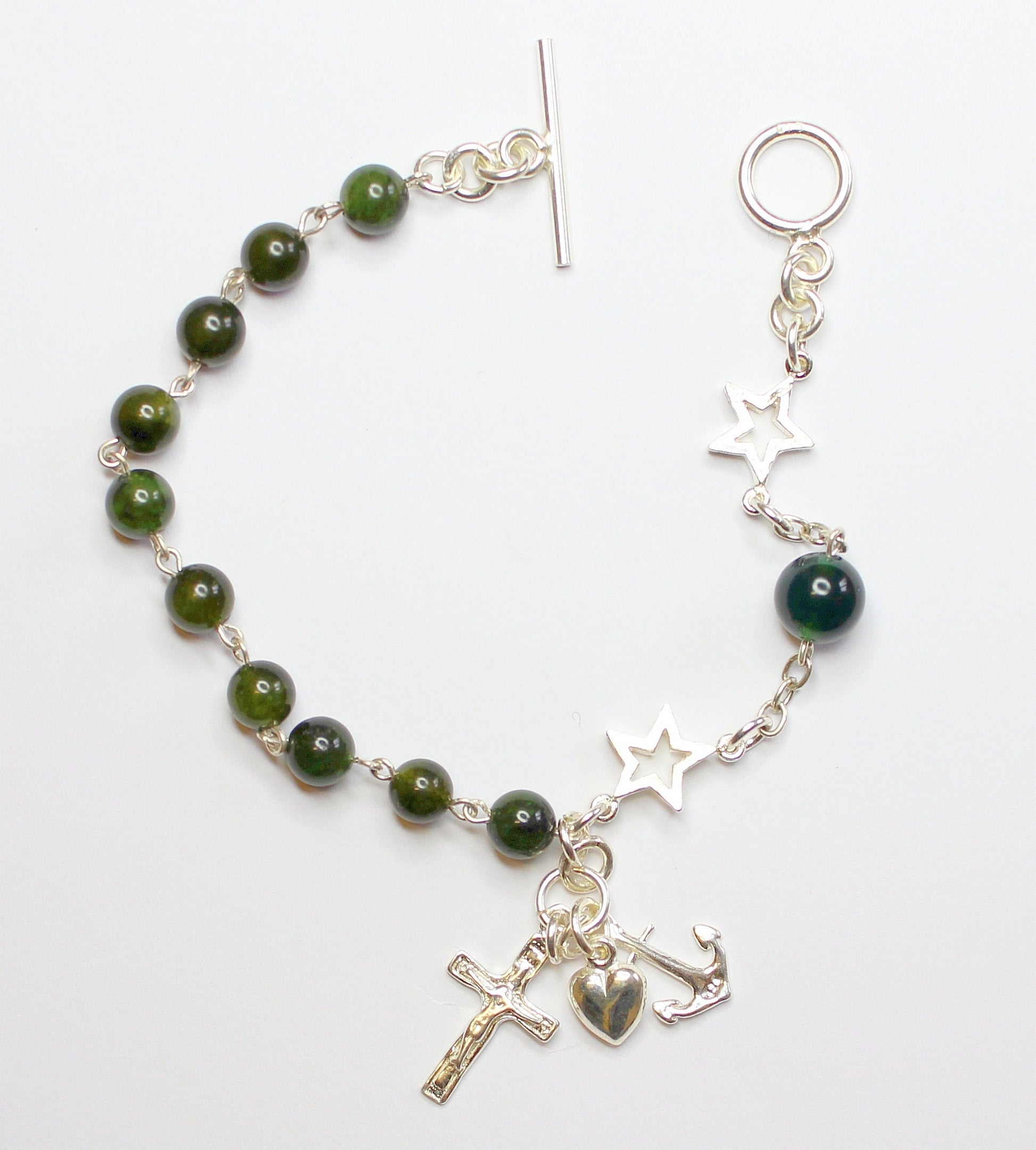 Catholic Rosary Bracelet Green Jade and Sterling Silver