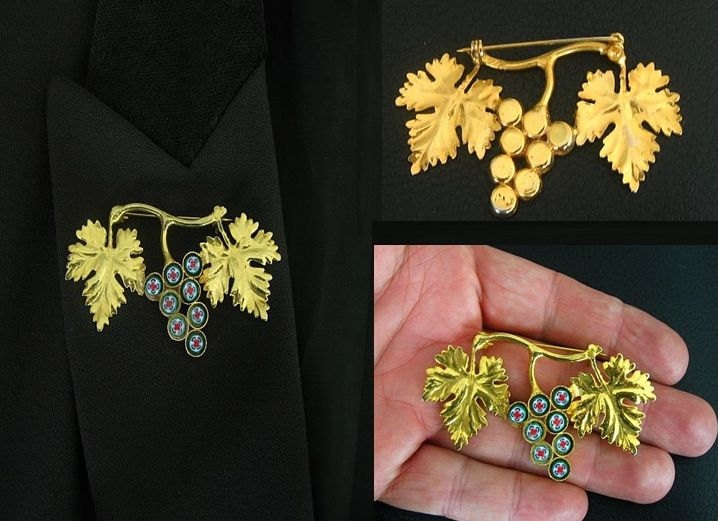 Vintage Micro Mosaic Brooch: Art Nouveau Grape Vine, Italy