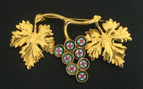 Vintage Micro Mosaic Brooch: Art Nouveau Grape Vine, Italy