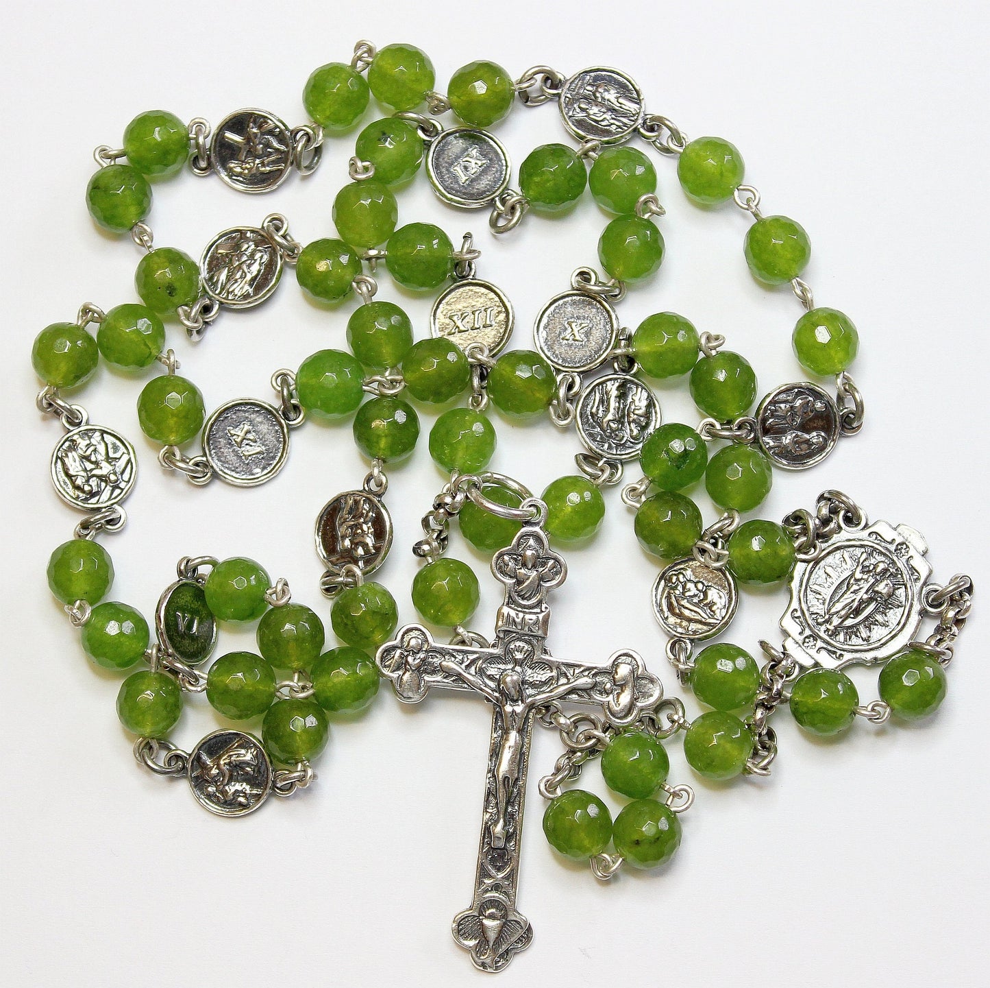 Faceted Jade & Sterling Silver Stations Of The Cross Rosary All Vintage - Unique Rare