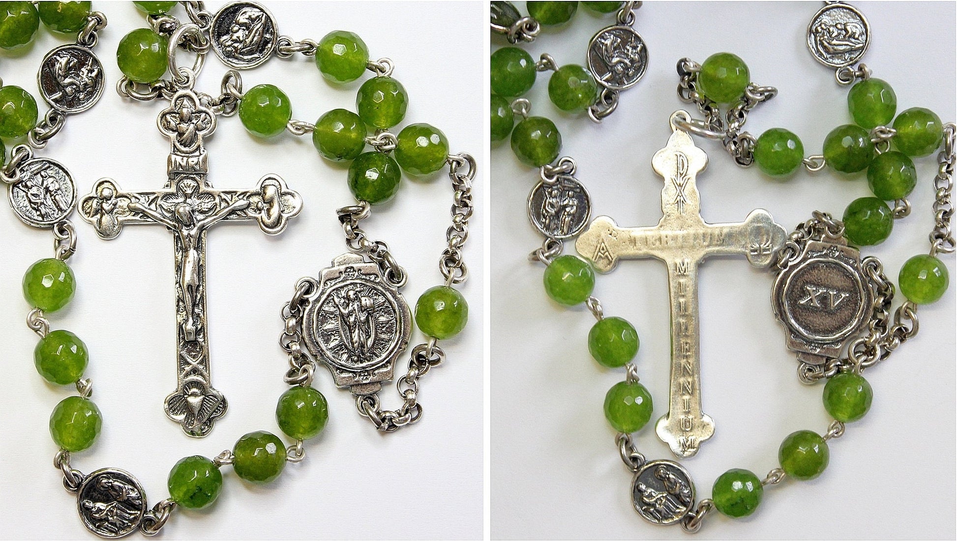 Faceted Jade & Sterling Silver Stations Of The Cross Rosary All Vintage - Unique Rare