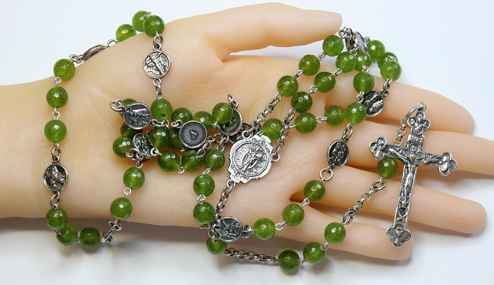 Faceted Jade & Sterling Silver Stations Of The Cross Rosary All Vintage - Unique Rare