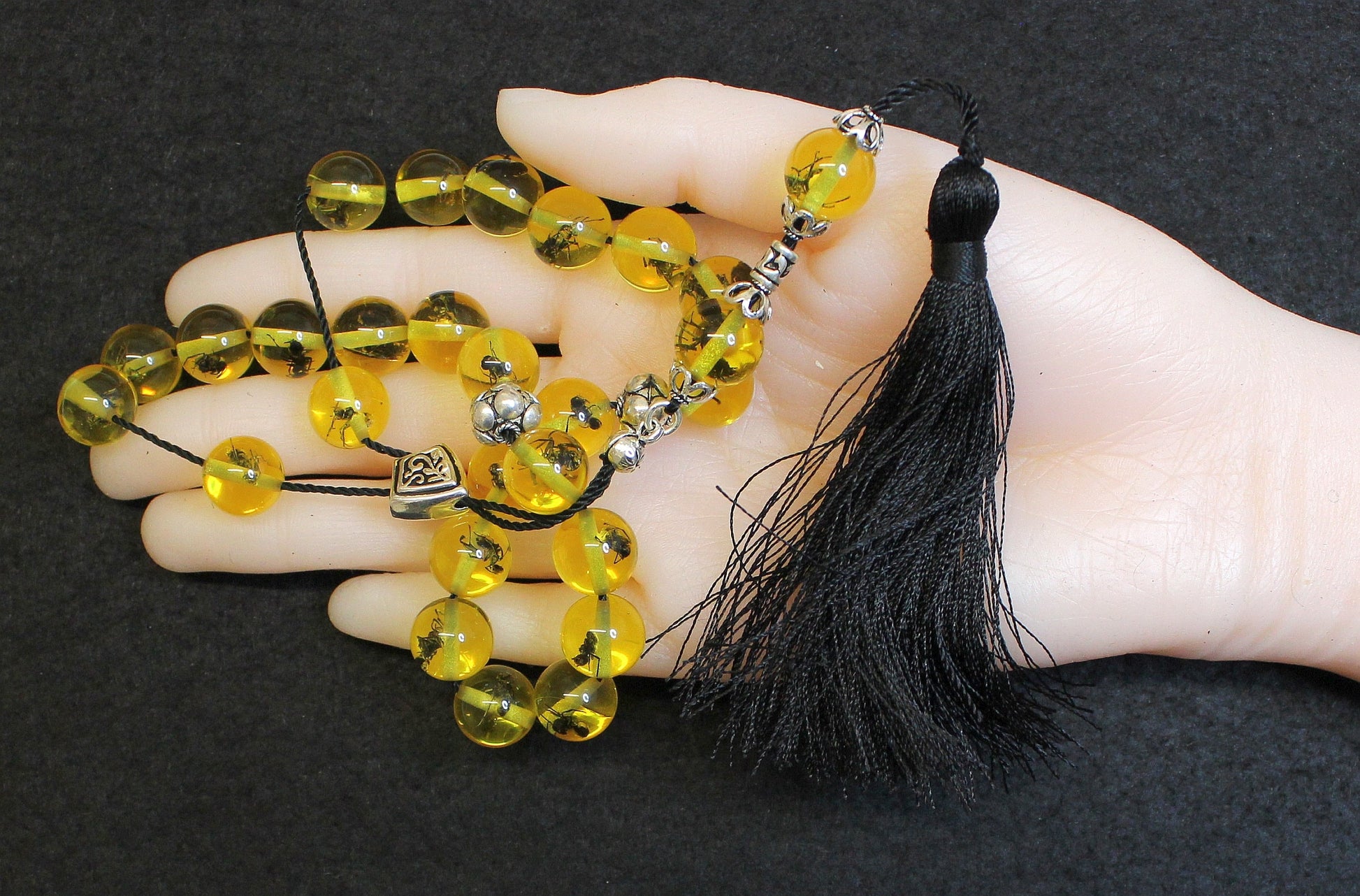 Greek Komboloi Amber Color Resin w Insect in Each Single Bead & Sterling Silver