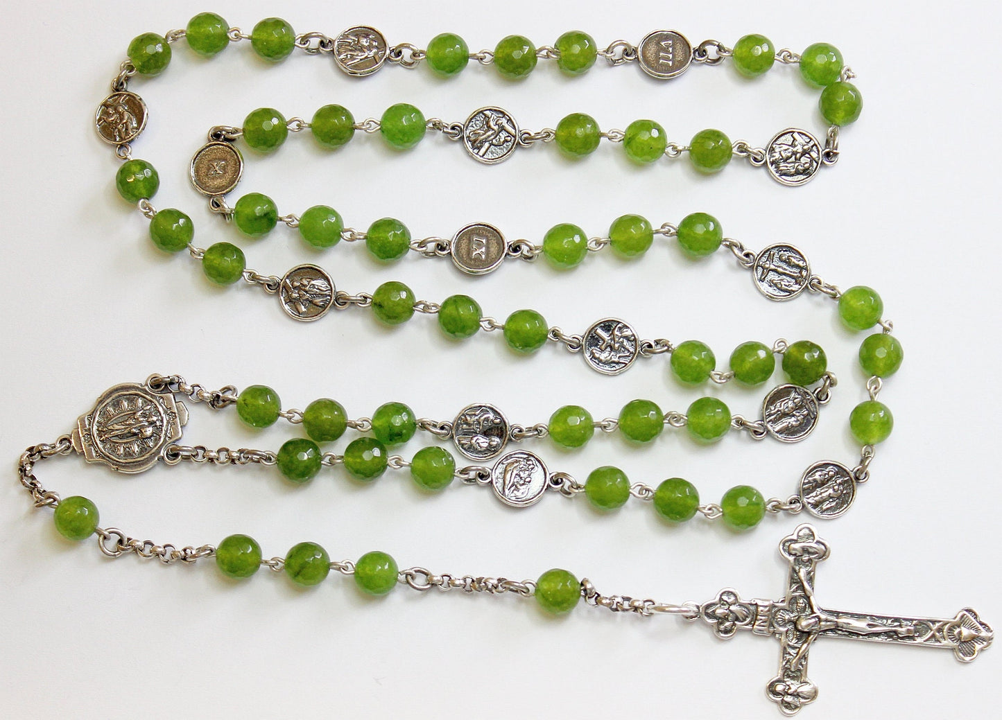 Faceted Jade & Sterling Silver Stations Of The Cross Rosary All Vintage - Unique Rare