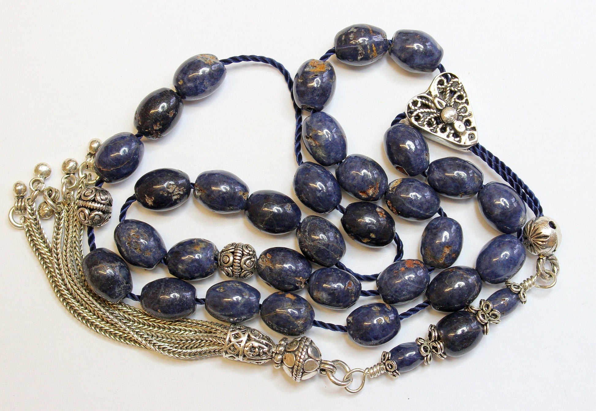 Greek Komboloi Genuine Ceylon Blue Sapphire & Sterling Silver Extreme rarity