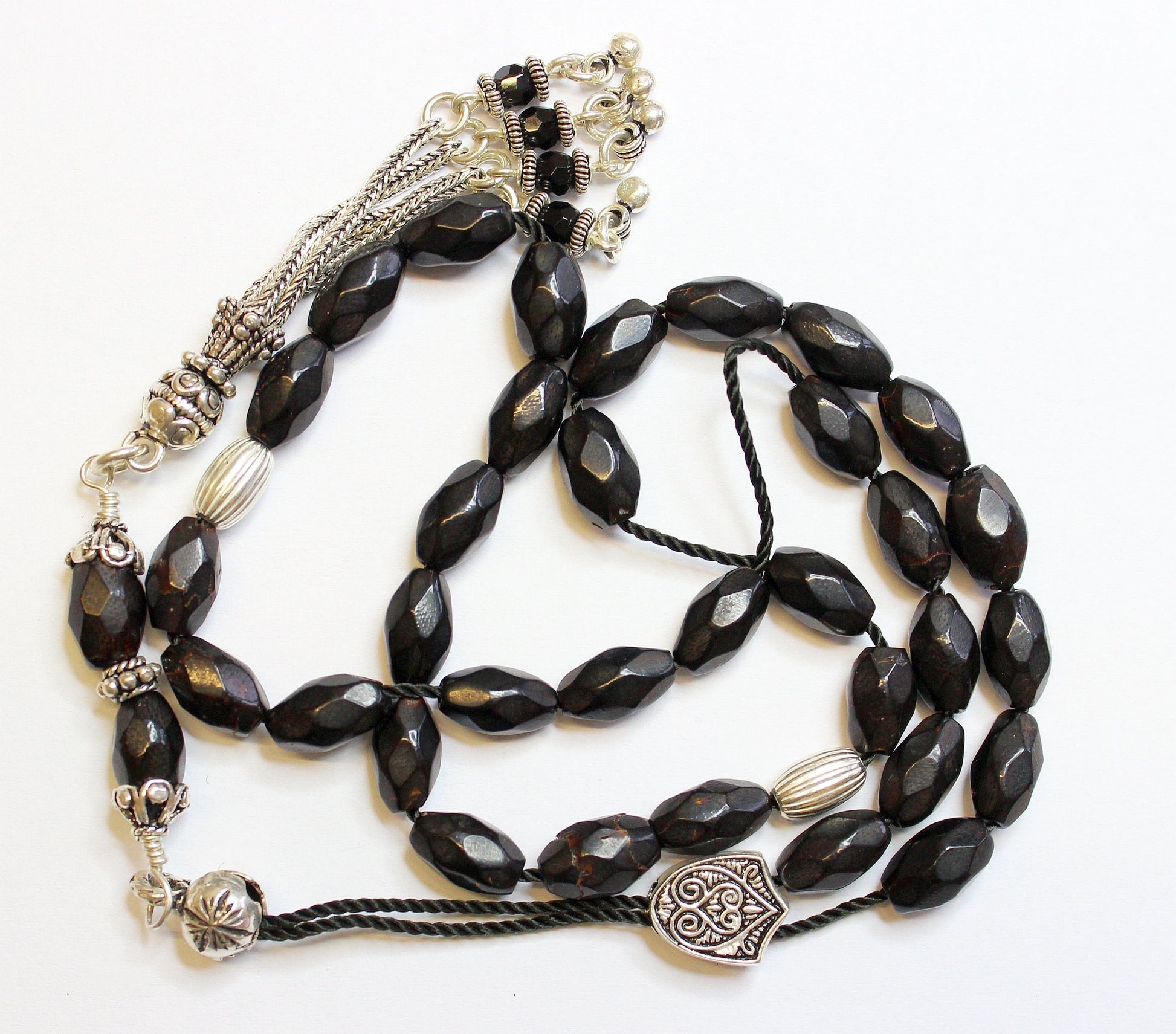 Greek Komboloi Rare Diamond Cut Black Coral & Sterling Silver - Collector's