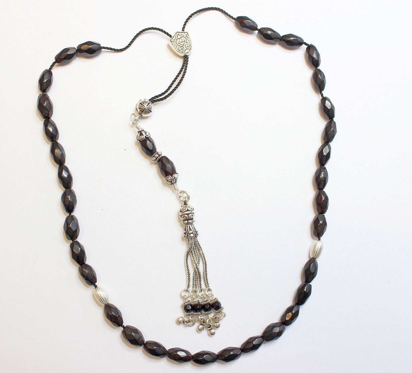 Greek Komboloi Rare Diamond Cut Black Coral & Sterling Silver - Collector's