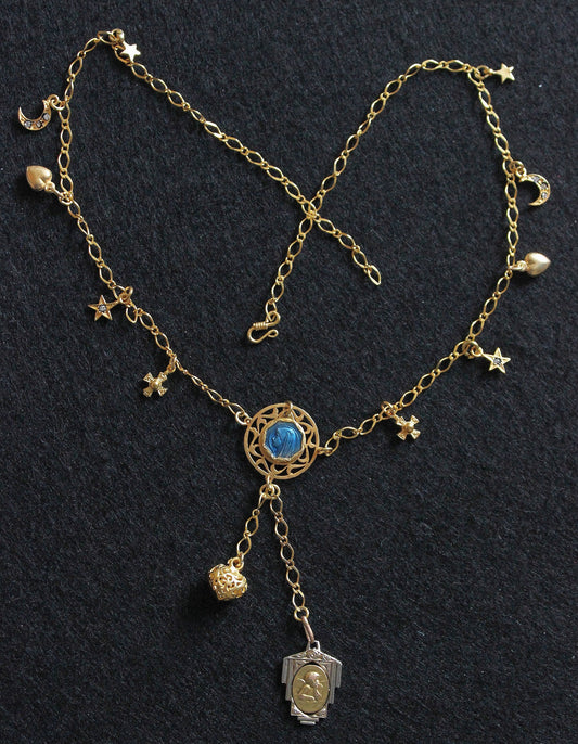 Vermeil Enamel Necklace with Vintage Charms and Religious Medals