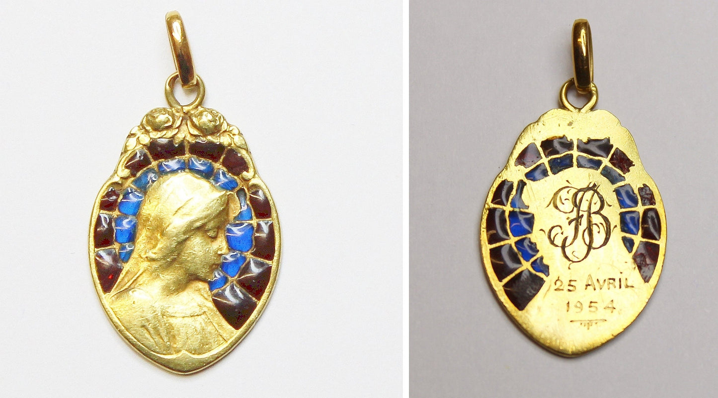 1950's Vintage 18 K Gold Plique-à-Jour Mary Bi Color Pendant Medal