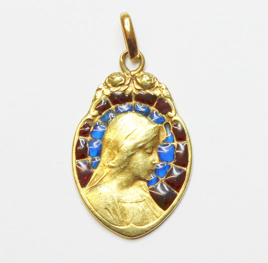1950's Vintage 18 K Gold Plique-à-Jour Mary Bi Color Pendant Medal