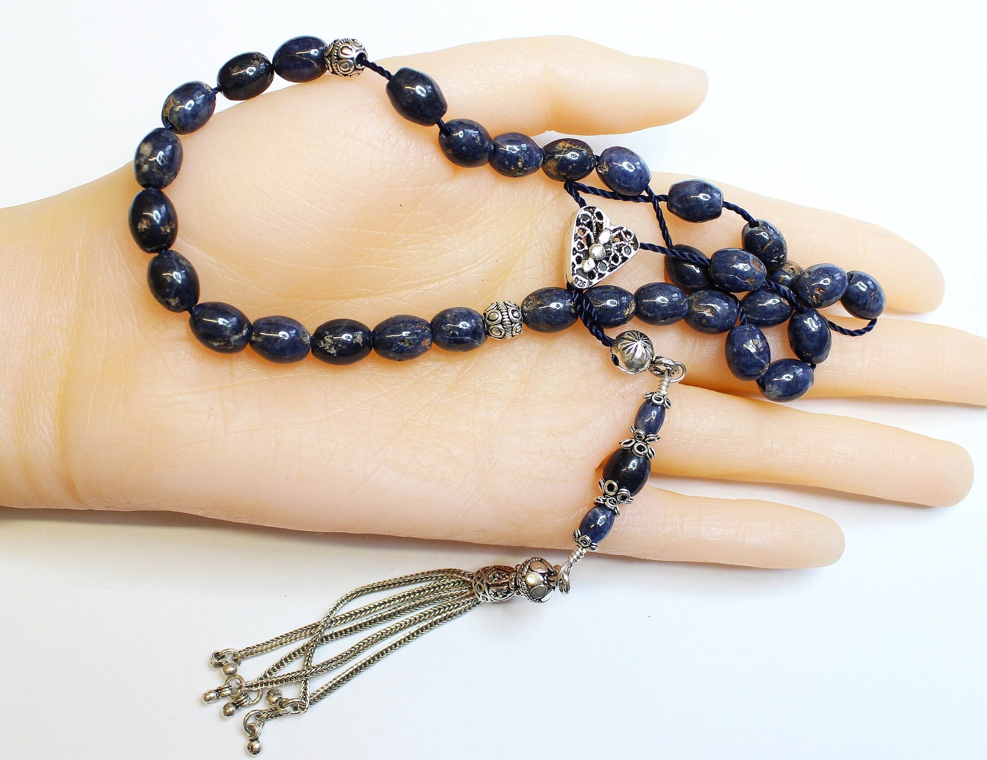 Greek Komboloi Genuine Ceylon Blue Sapphire & Sterling Silver Extreme rarity