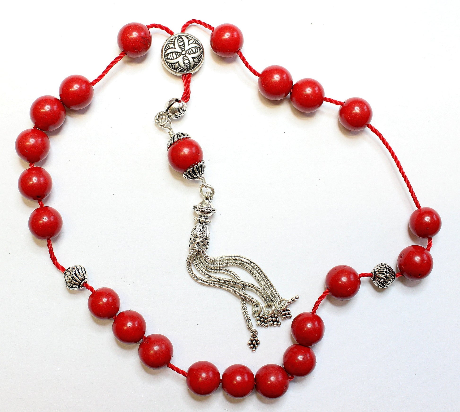 Greek Komboloi Red Coral & Sterling Silver