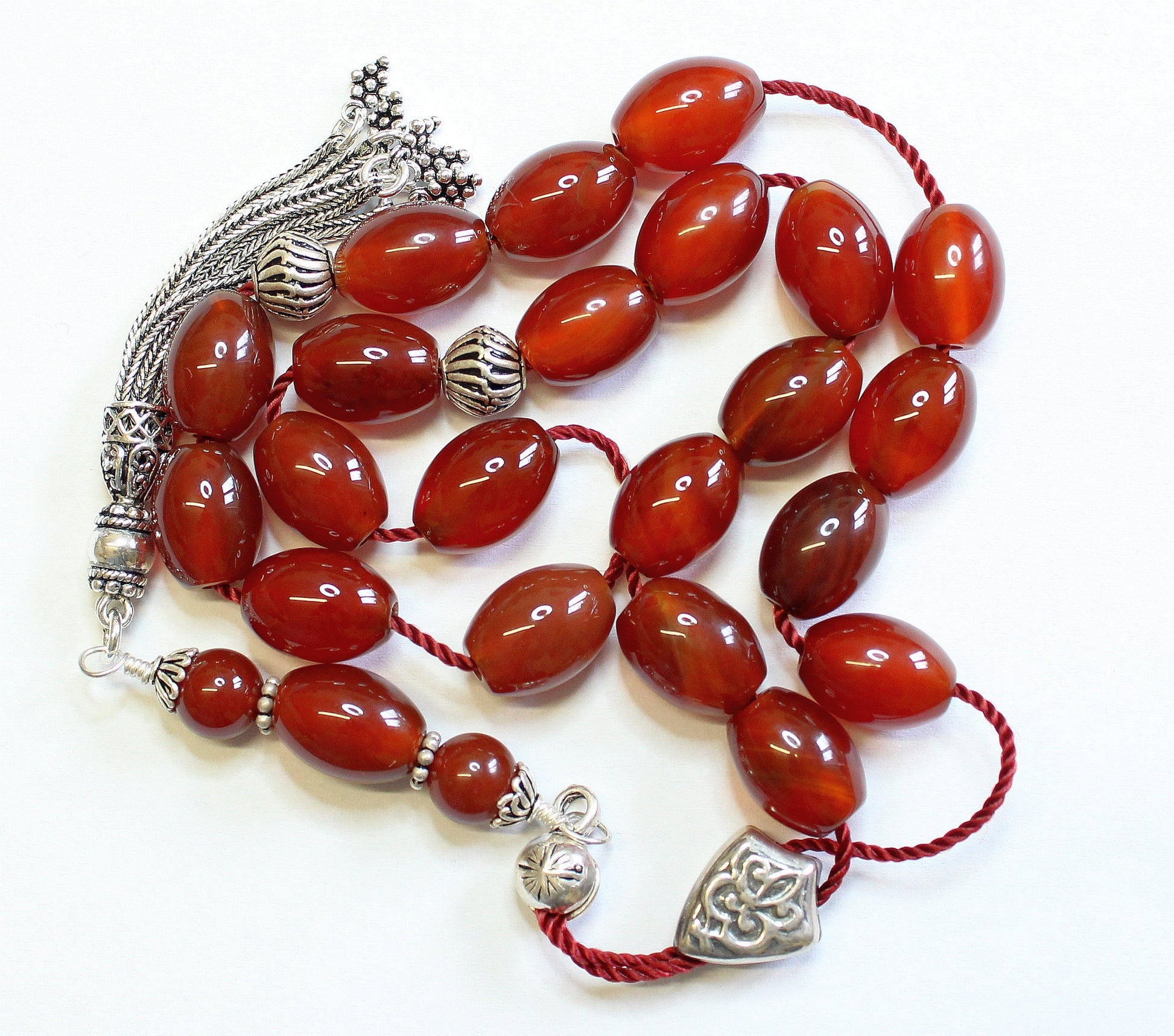 Greek Komboloi Large Oval Carnelian & Sterling Silver - Worry Beads