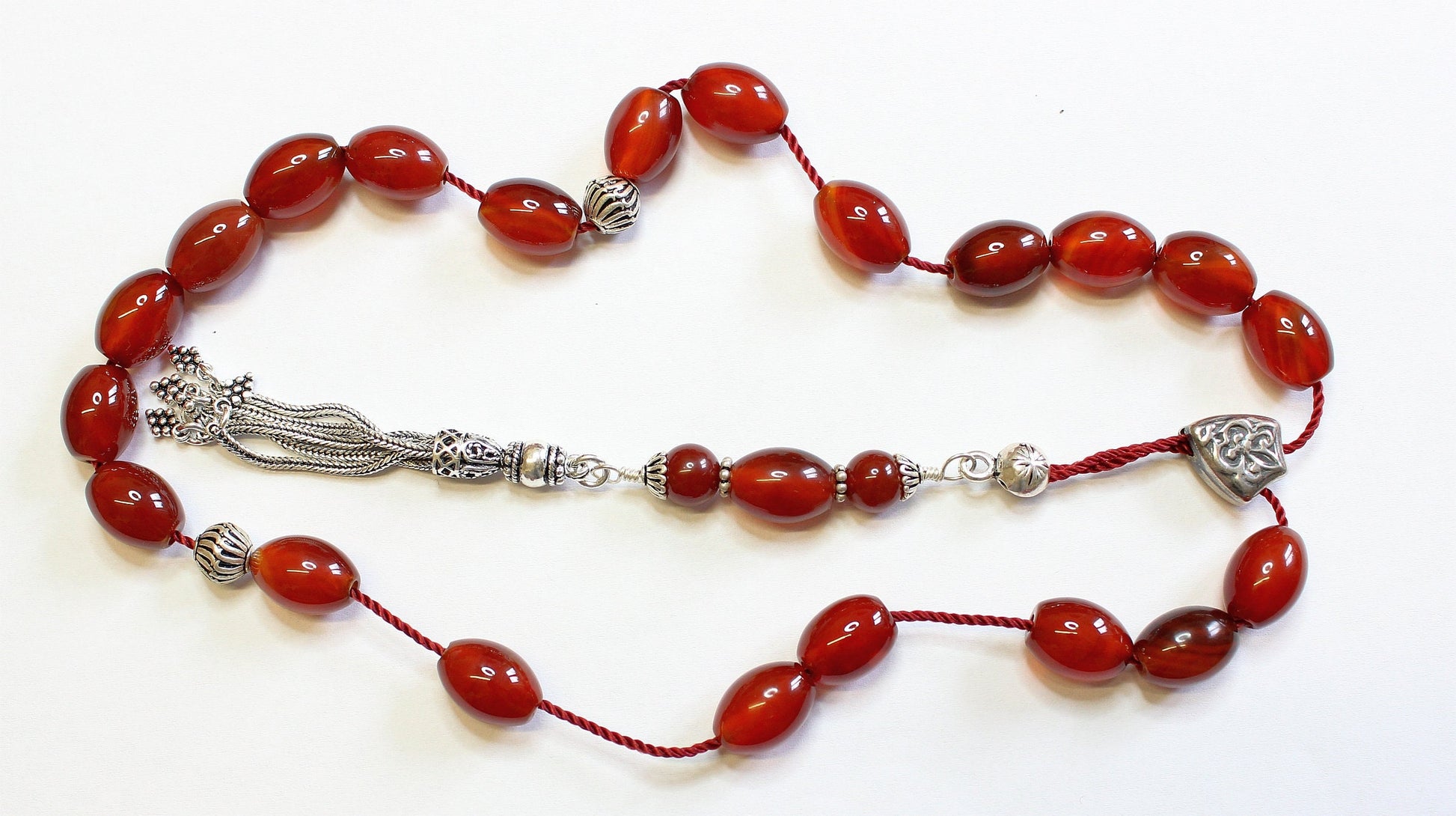 Greek Komboloi Large Oval Carnelian & Sterling Silver - Worry Beads