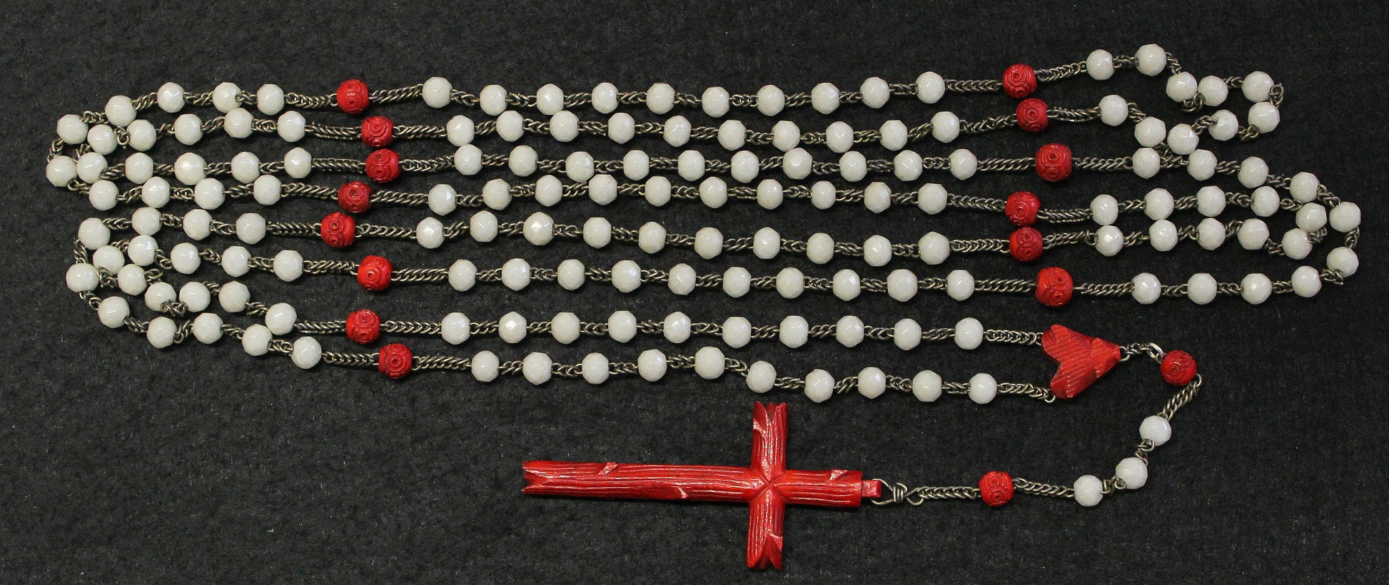 1920's Catholic Rosary 15 Decades Opaline Glass and Bone w Silver - Rare