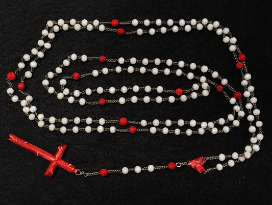 1920's Catholic Rosary 15 Decades Opaline Glass and Bone w Sterling Silver - Rare