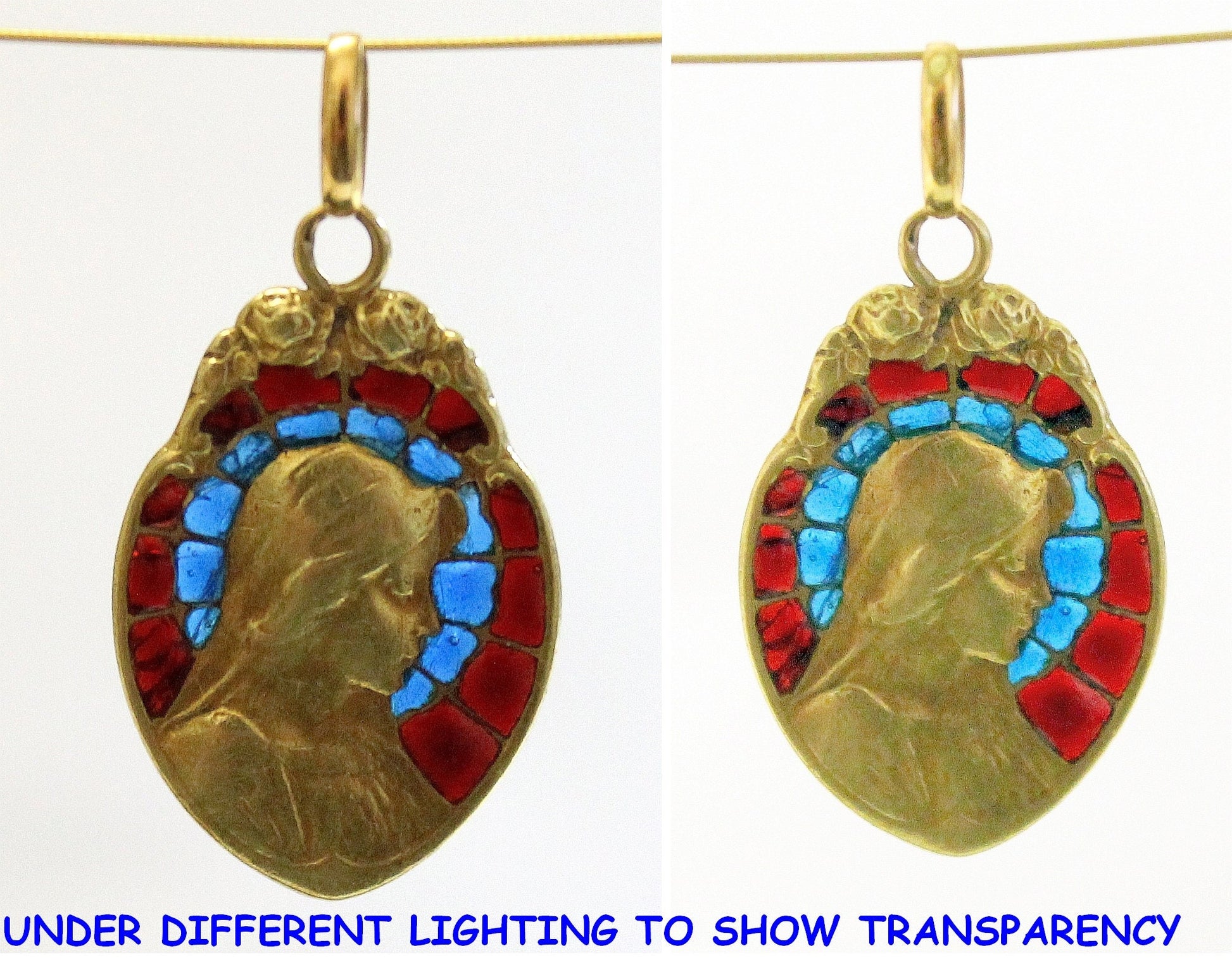 1950's Vintage 18 K Gold Plique-à-Jour Mary Bi Color Pendant Medal