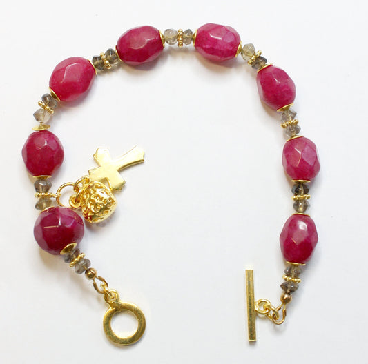 Faceted Genuine Ruby Beads Anglican Rosary Bracelet , Smoky Quartz, Vermeil Cross & Heart