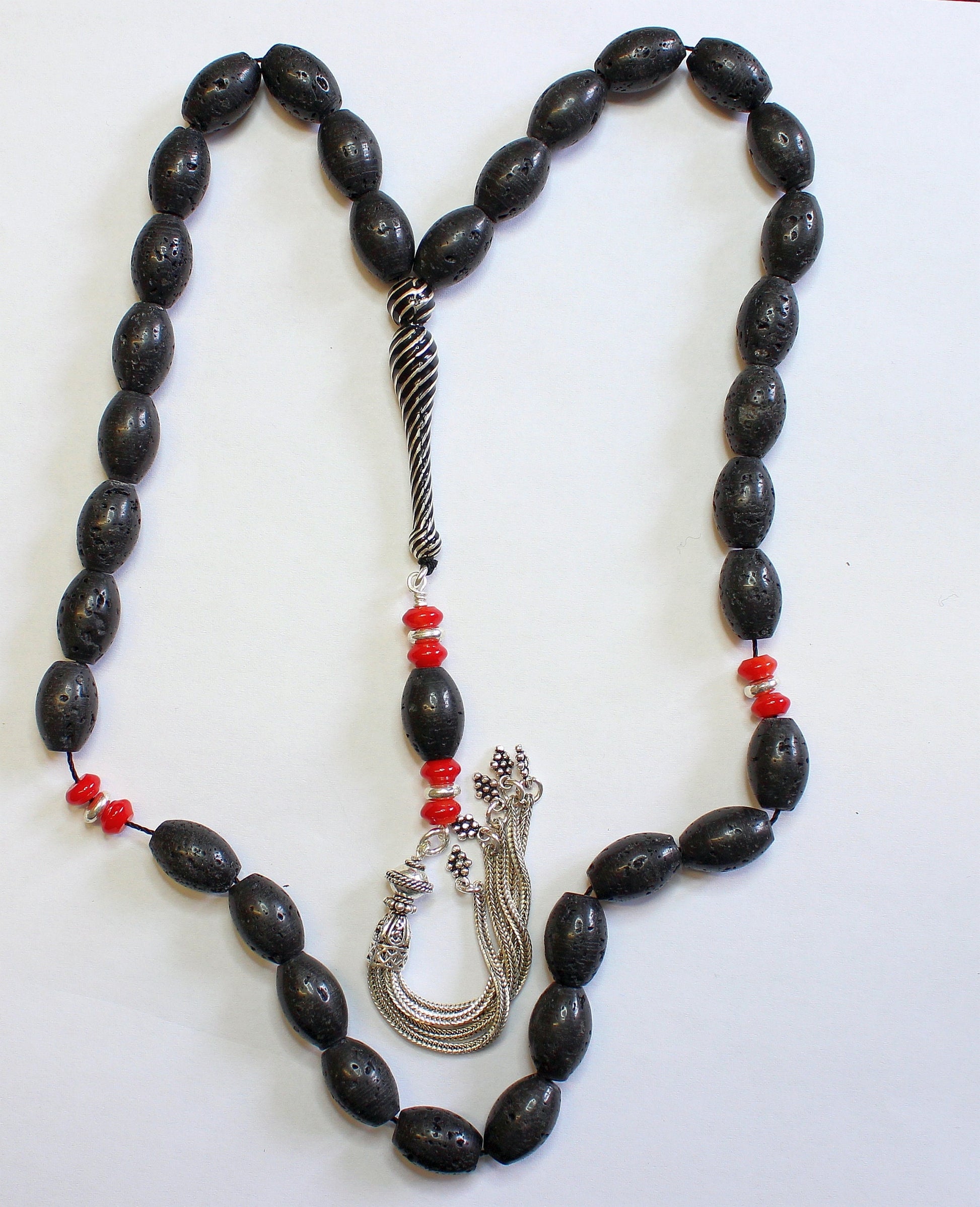Luxury Tesbih Oval Lava, Red Coral & Sterling Rare Collector's Quality Item