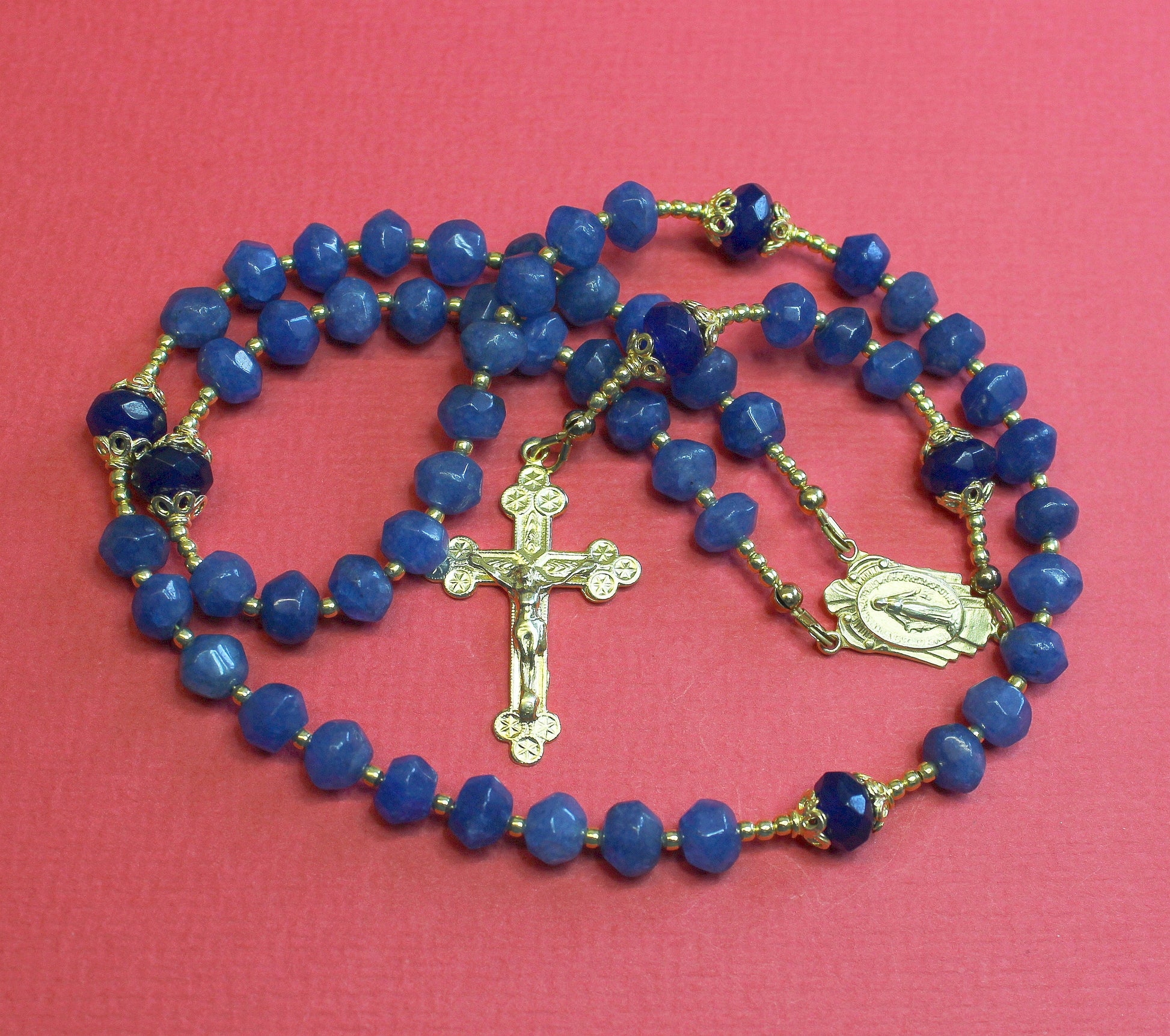 Catholic Rosary Genuine Faceted Sapphire and Vermeil