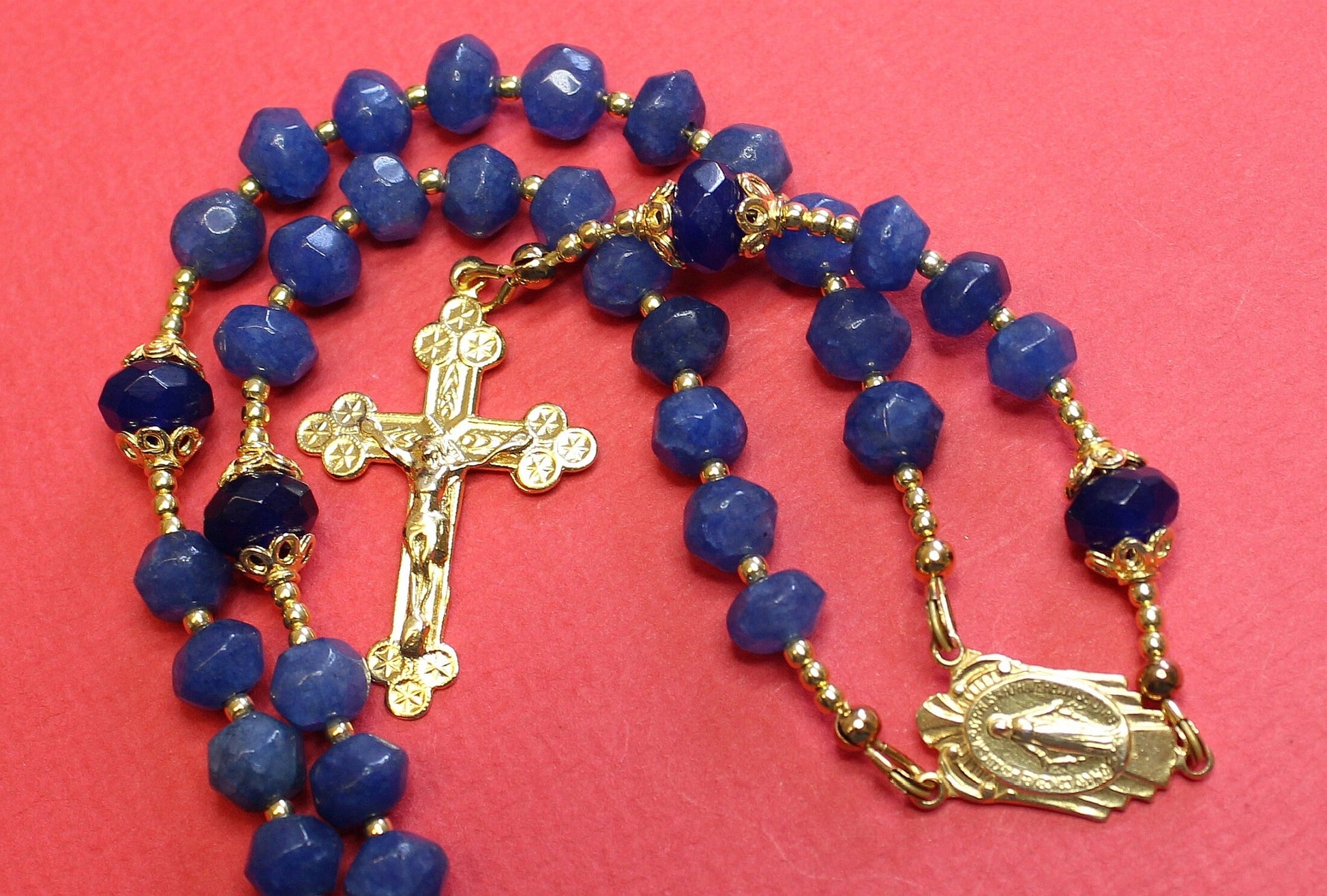 Catholic Rosary Genuine Faceted Sapphire and Vermeil