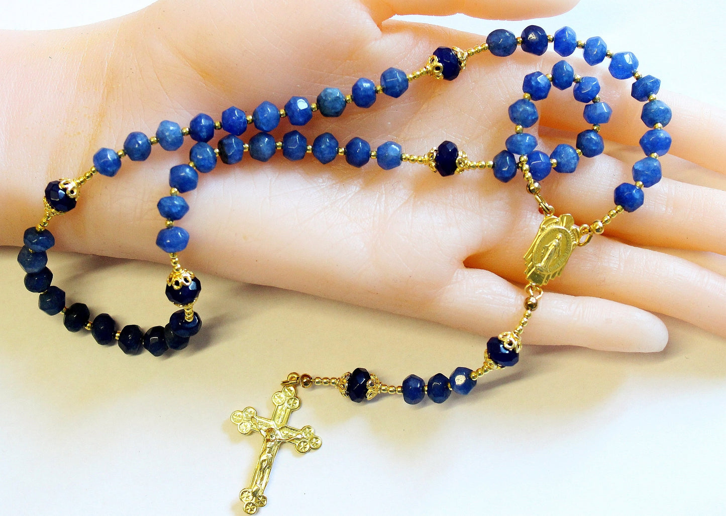 Catholic Rosary Genuine Faceted Sapphire and Vermeil