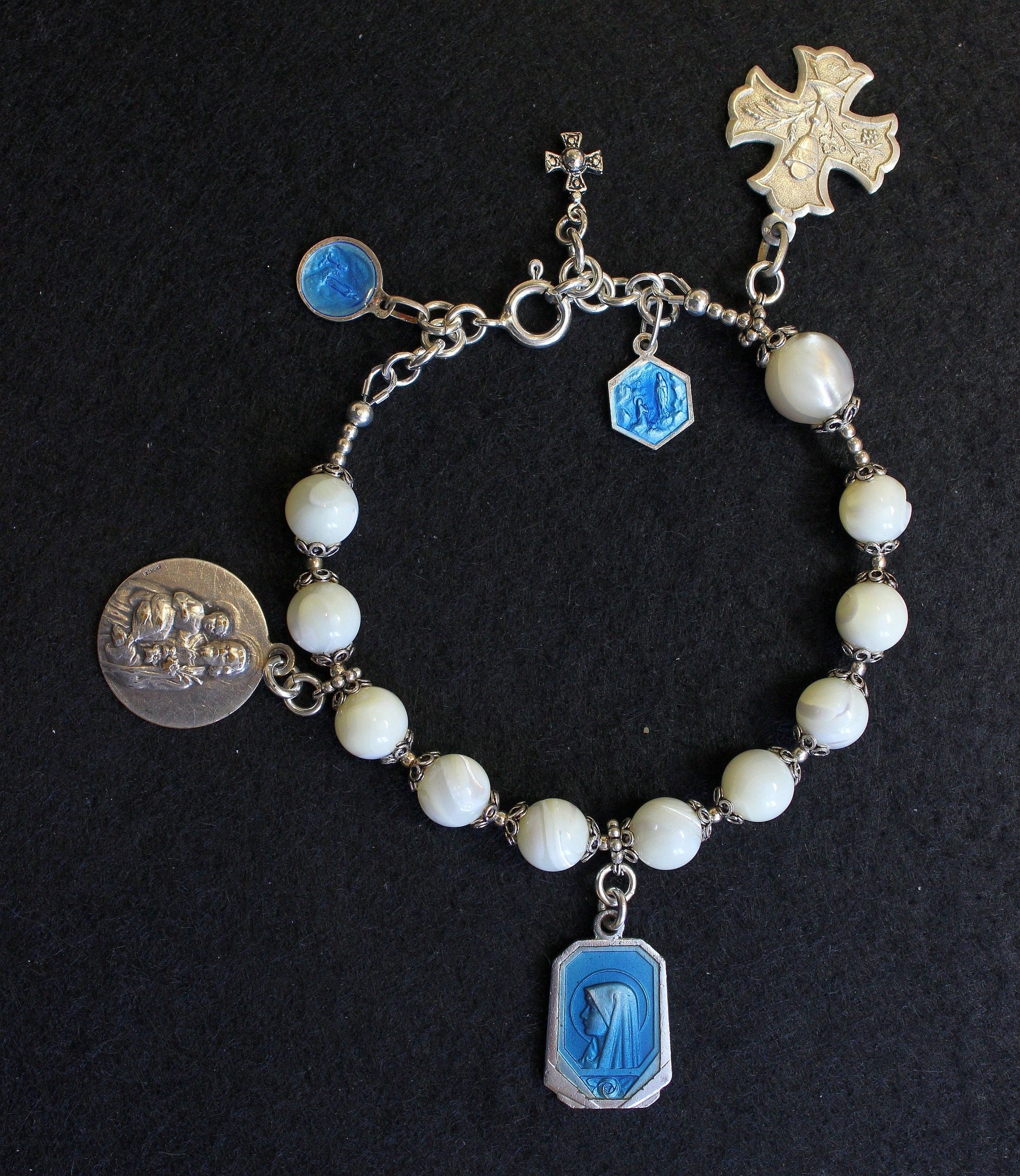 M.O.P & Sterling Rosary Bracelet w Very Rare Vintage Silver and Enamel Medals