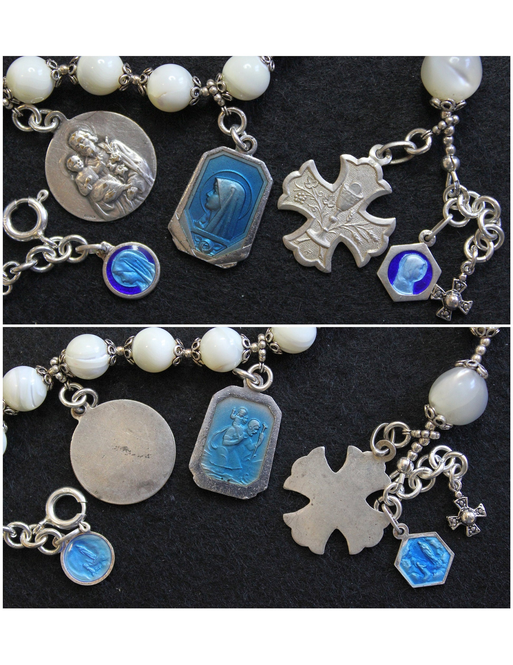 M.O.P & Sterling Rosary Bracelet w Very Rare Vintage Silver and Enamel Medals