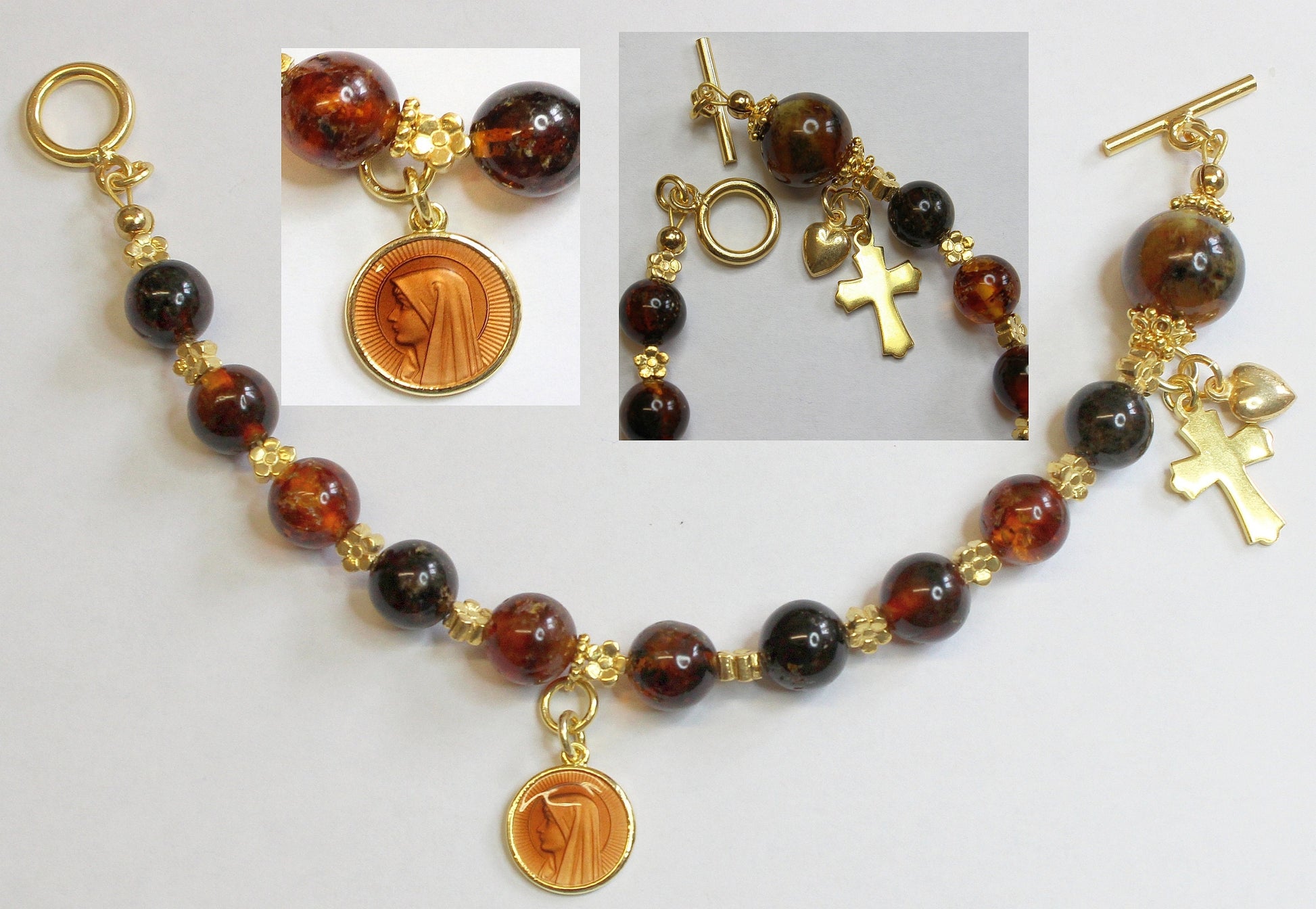 Catholic Rosary Bracelet Genuine Baltic Amber, Enamel Guilloche Medal & Vermeil